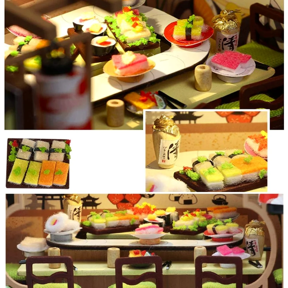 Kit fai da te in miniatura per casa delle bambole con scatola antipolvere e carillon, negozio di sushi giapponese, mobili per casa delle bambole 3D in legno, puzzle creativo, regalo di compleanno per