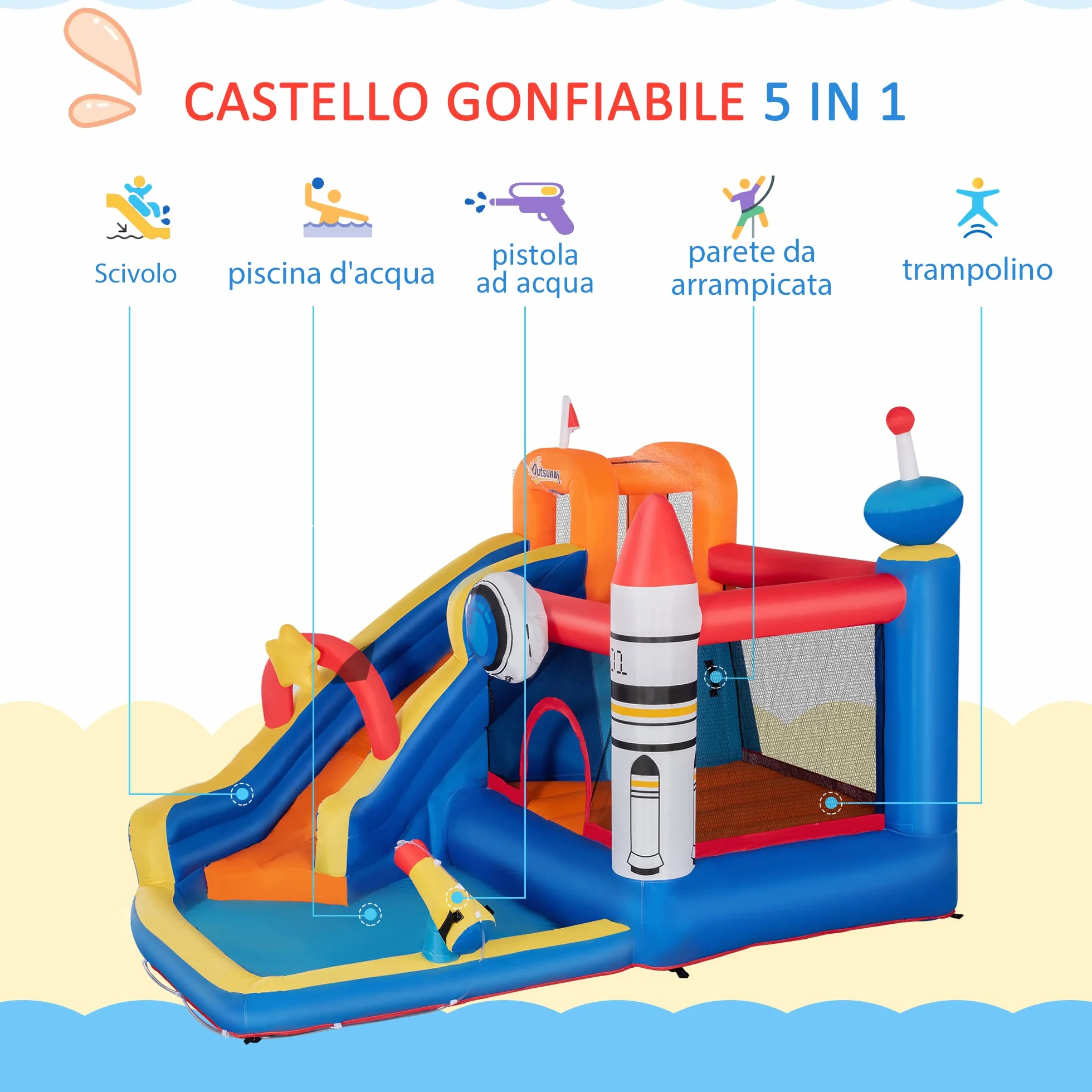 Outsunny Castello Gonfiabile per Bambini 3-8 Anni a tema Spazio con Borsa da Trasporto, 11 Paletti e Toppe Inclusi, in Tessuto Oxford, 340x270x227 cm