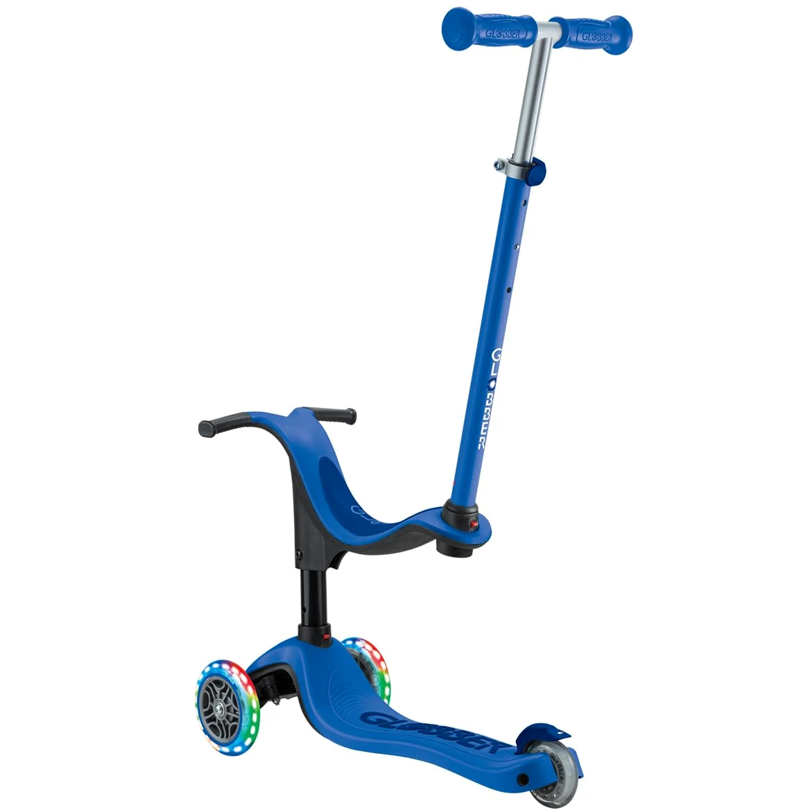 Globber - GO•UP SPORTY LIGHTS - Monopattino a 3 ruote con seduta, per bambini dai 15 mesi ai 6 anni, Blu scuro