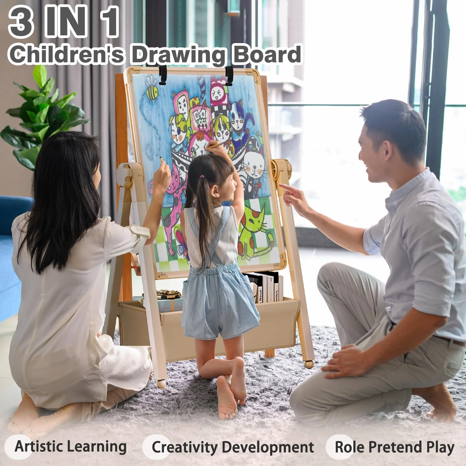Lavagna per Bambini 3 in 1 Cavalletto Artistico Doppia Faccia Regolabile Altezza Girevole 360° con Lettere e Numeri