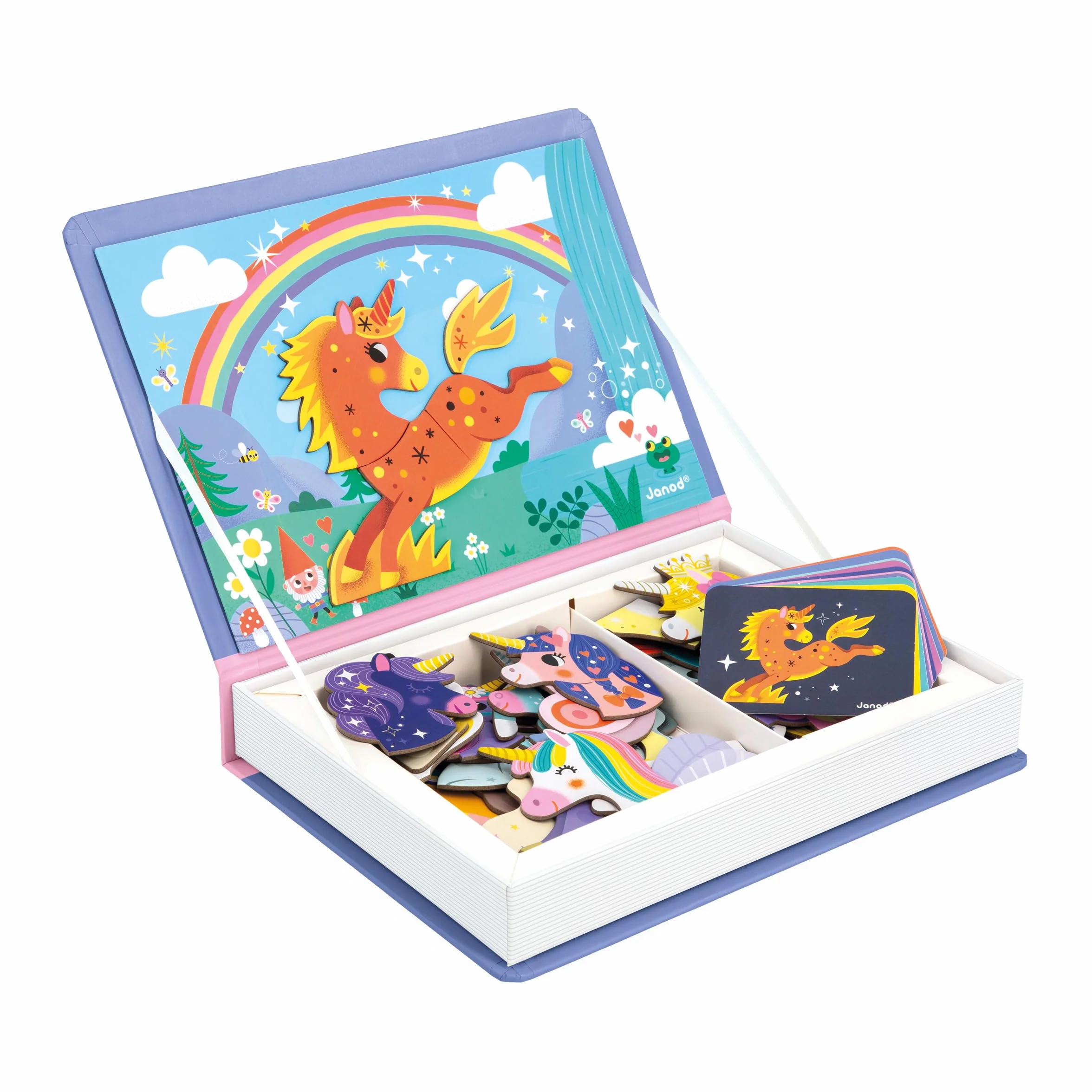 Janod - Magnéti'Book Unicorni - Gioco Educativo Magnetico 44 Calamite + 10 Modelli - Giocattolo per Bambini in Cartone FSC - Sviluppa la Manualità e l'Immaginazione - dai 3 Anni