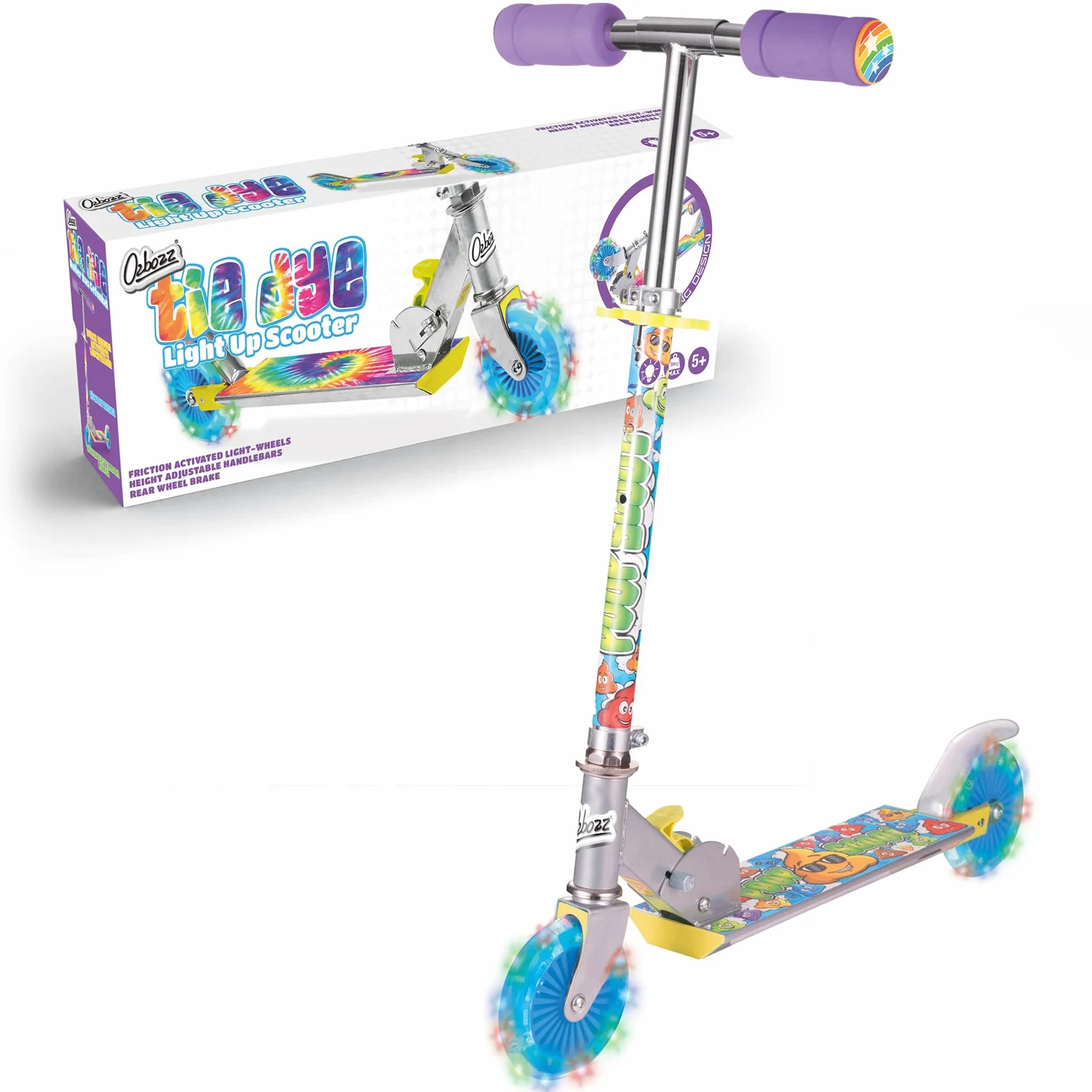 Ozbozz Monopattino pieghevole Tie Dye ruote luminose età 5 anni manubrio regolabile 72,4-82,5 cm