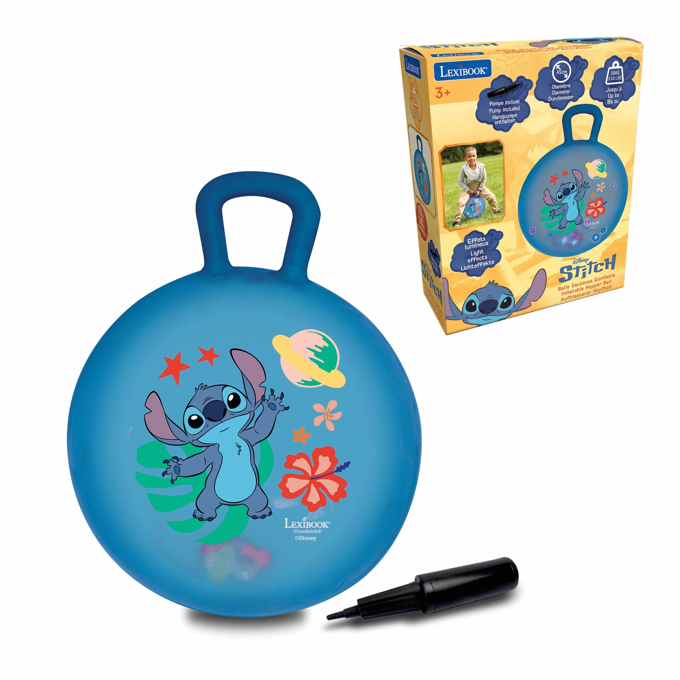 Lexibook, Stitch Pallone Gonfiabile con Palline Luminose e Colorate Integrate, Pompa a Mano Inclusa, plastica sicura e Resistente, Blu, BG040D