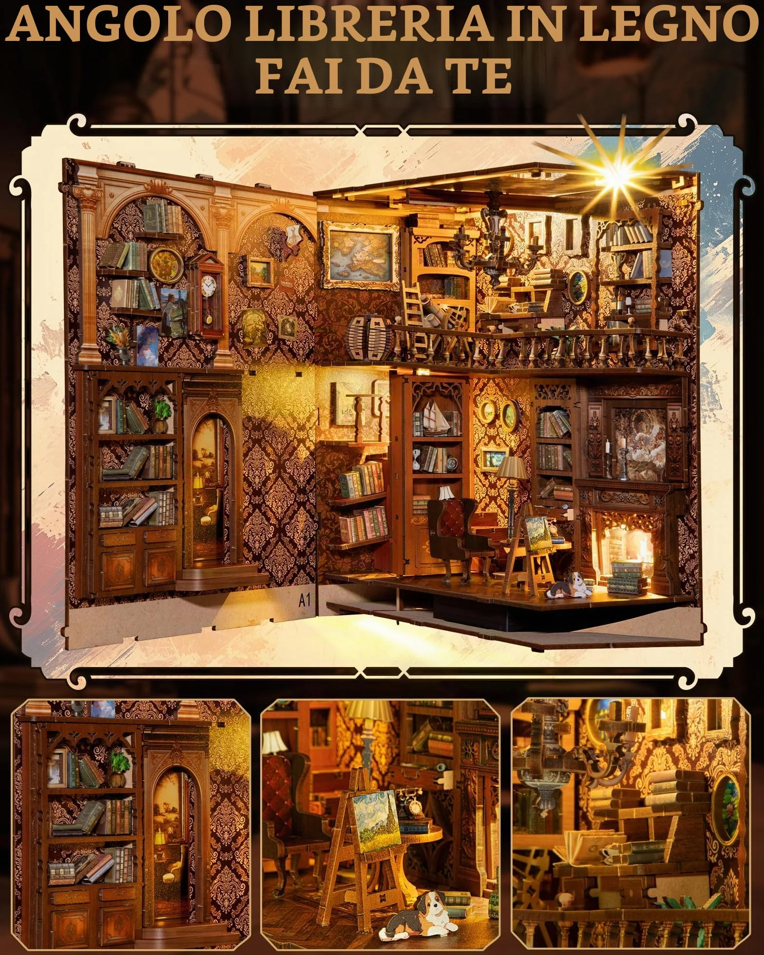 DIY Biblioteca Book Nook Kit, Casa Delle Bambole in miniatura con Libreria Estraibile, Booknook Inserto per libreria Vicolo dei decori,Kit Casa in Miniatura con Luce a Led per Adulti oltre i 14 Anni