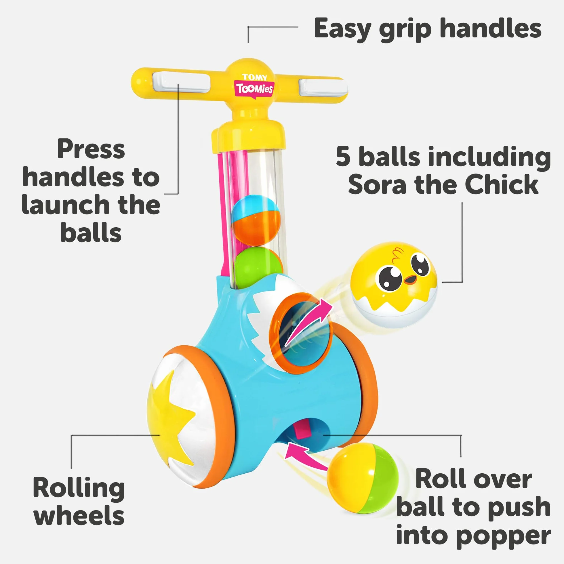 Toomies Tomy PIC And Pop Push Along Baby Toy, Toddler Ball Popper with Ball Launcher And Collector, Suitable for 18 Months, 2 And 3 Year Old Boys And Girls