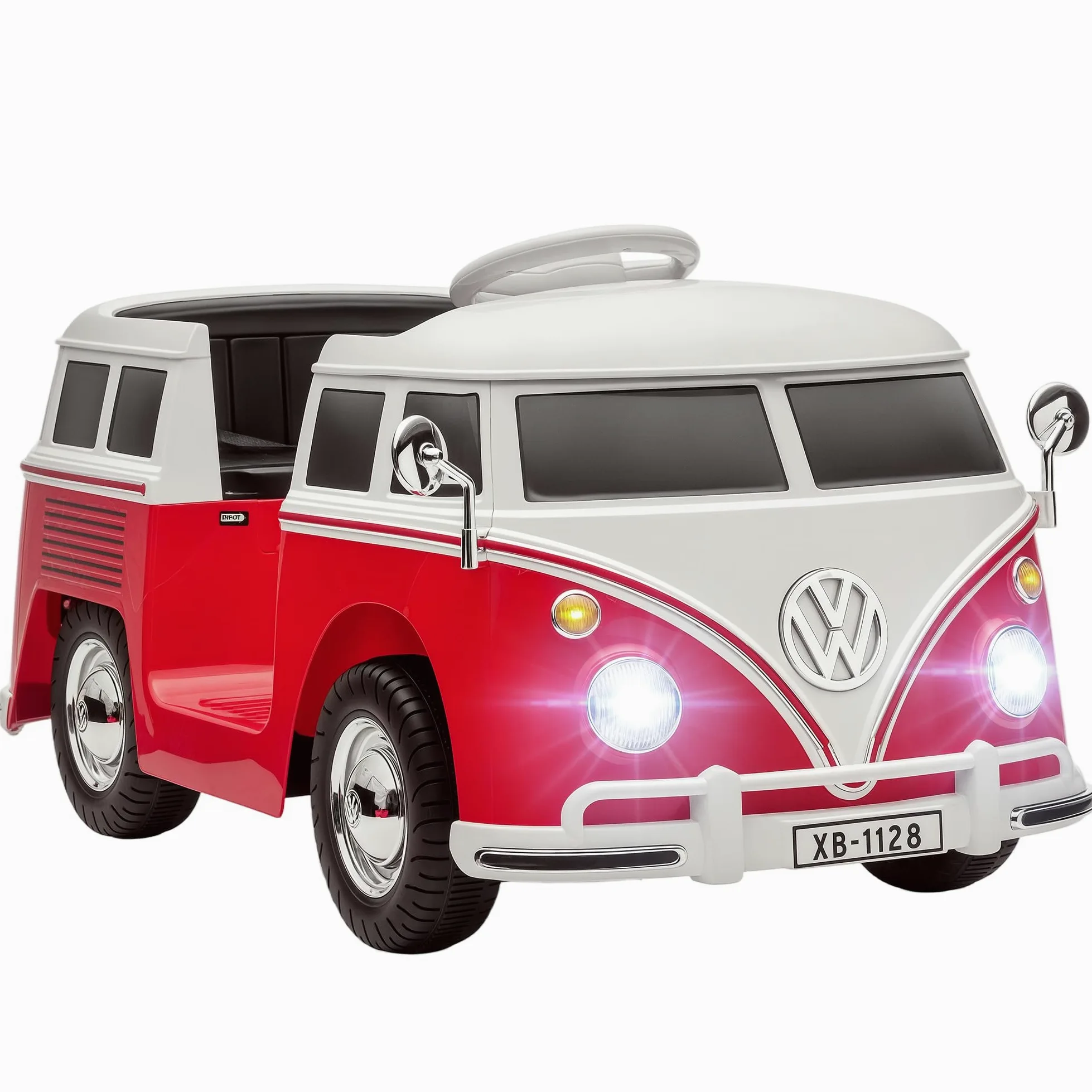 AIYAPLAY Macchina Elettrica per Bambini 3-7 Anni Volkswagen T1, 12V, Rosso | 3-8km/h, Auto Elettrica per Bambini con 2 Motori, Sospensioni, Partenza Lento, Musica, Fari e Clacson