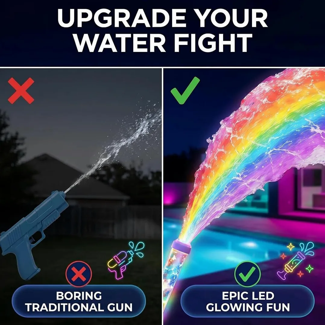 Blaster ad acqua a LED arcobaleno incandescente, spara fuochi d'artificio, divertimento estivo che si apre come per magia, pistola ad acqua arcobaleno per feste in piscina all'aperto giochi d'acqua