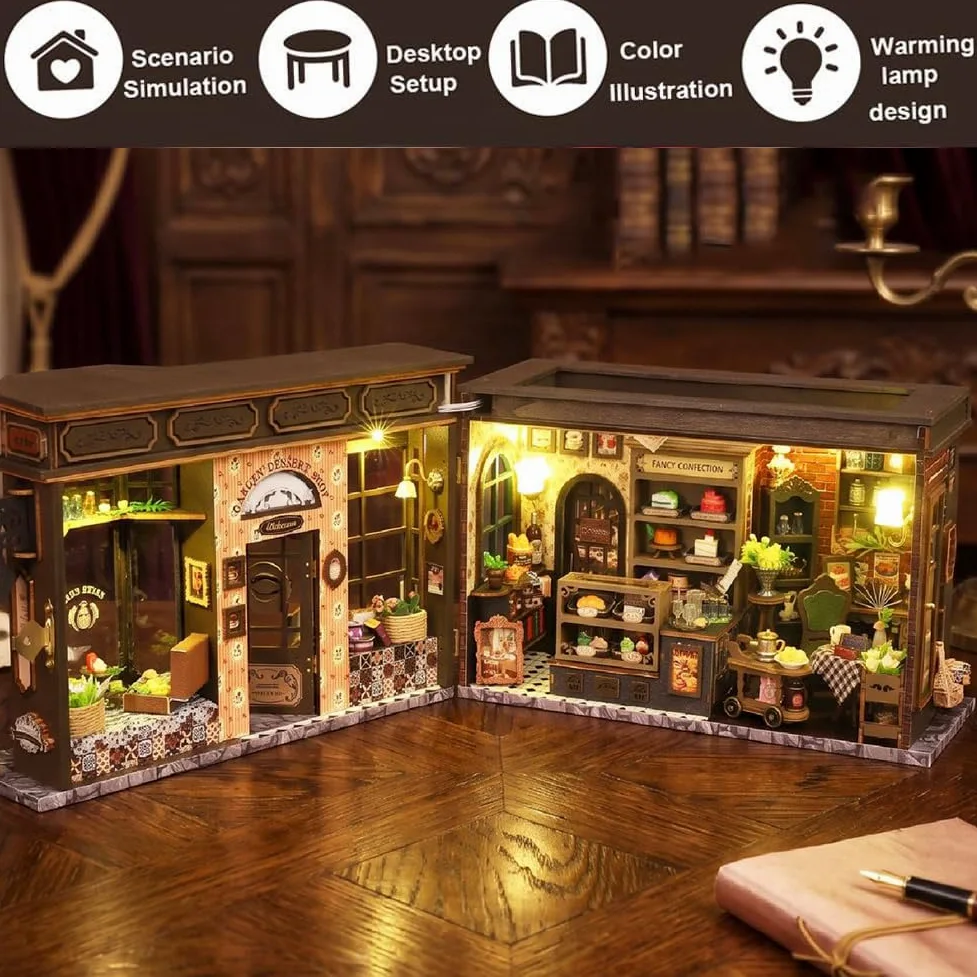 Kit puzzle 3D in legno, fai da te in miniatura casa delle bambole con luci a LED, decorazione da giardino per dessert, scaffale per libri, regalo creativo per adulti e ragazzi
