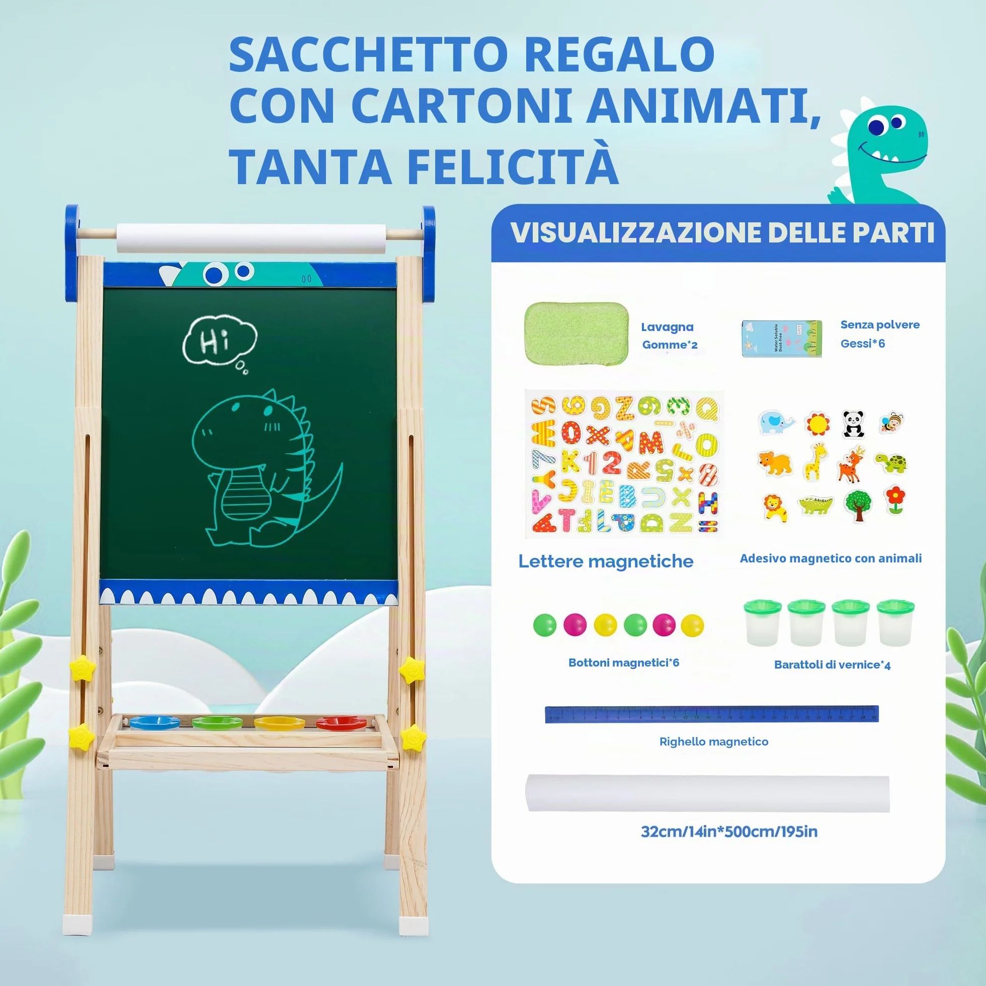 Lavagna Pieghevole per Bambini a Doppia Faccia con Cavalletto Regolabile, Rullo di Carta e Accessori