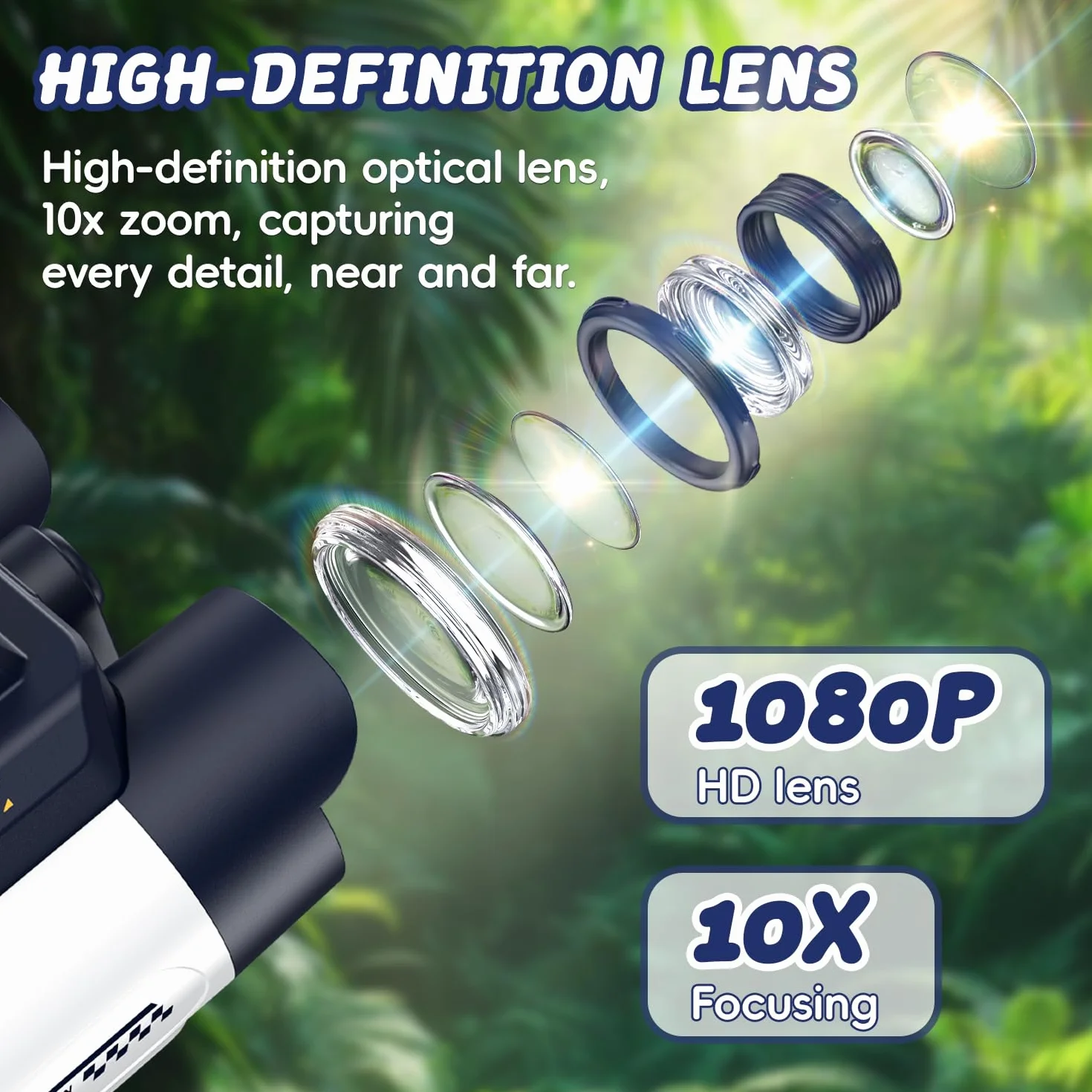 Binocolo Bambino con Fotocamera, Funzione di Visione Notturna a Infrarossi, Telescopio per Bambini 10x25, adatto a Bambini dai 4 anni in su per Birdwatching, Campeggio, Escursionismo(Bianco)