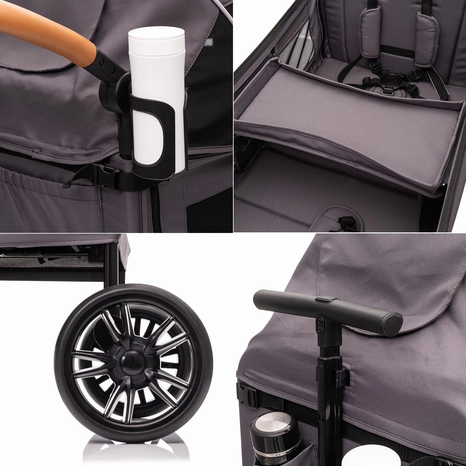 vickey Carrello pieghevole con tetto per 2 bambini, carrello cargo, pieghevole, con manico scorrevole, Duo, resistente agli urti, ruote in poliuretano con freni, portabevande, 100 l, colore: grigio
