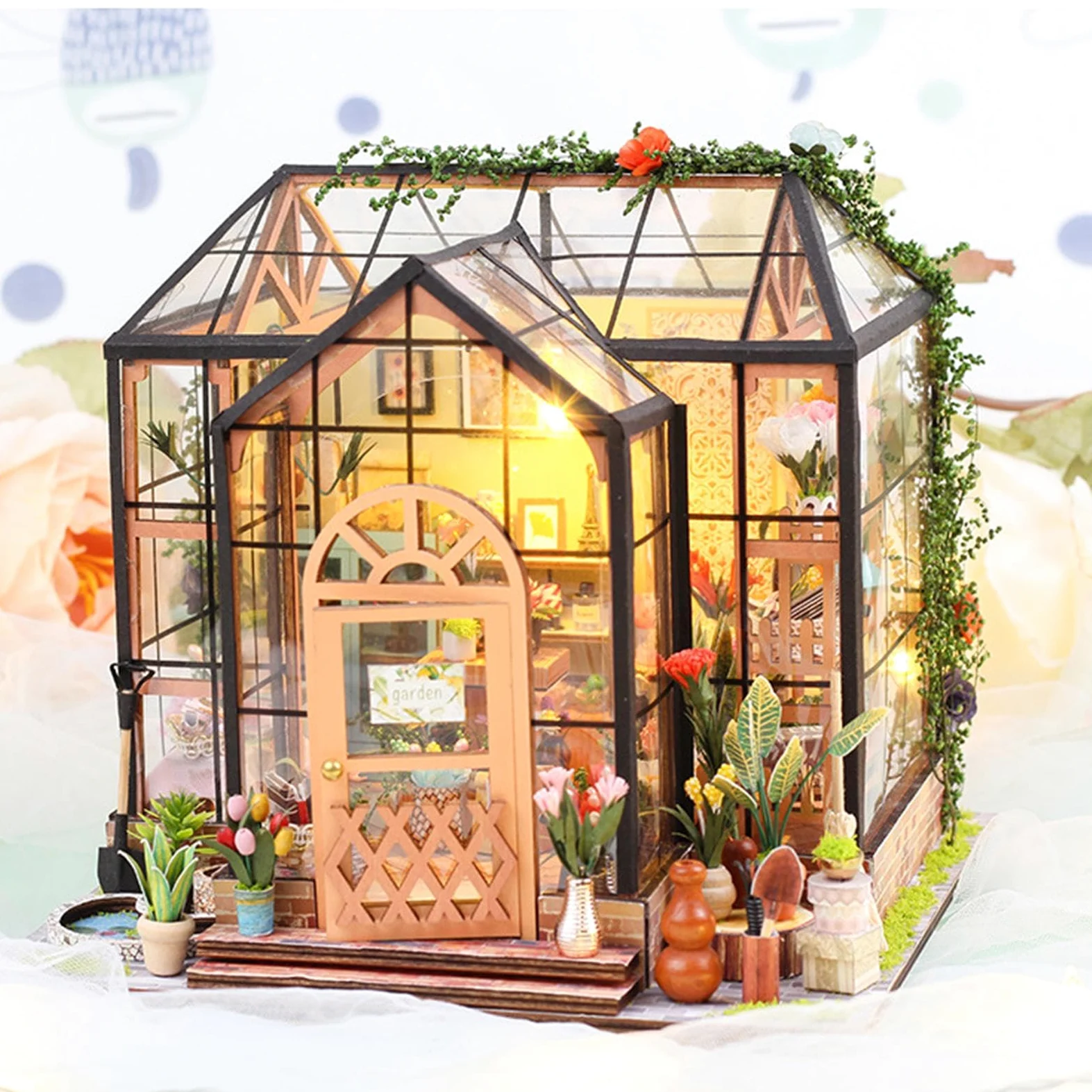 Kit Casa delle Bambole in Miniatura da Costruire Set Decorazione | Kit 3D Serra Domestica Adulti Adolescenti Scaffali Librerie e Camera da e Stanza per Natale