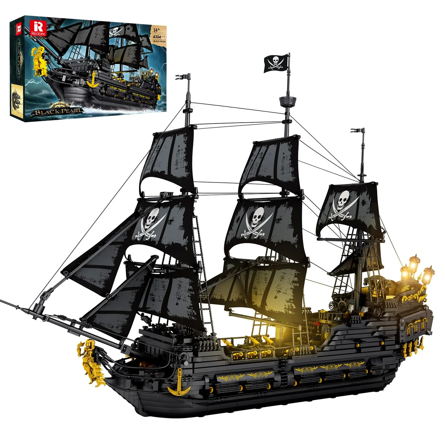 Reobrix Perla Nera Nave Pirata 66036, Grande Veliero Galeone in Mattoncini con Luci LED, Nave Fantasma Avventura, Modello Set da Collezione per Adulti 14+, Idea Regalo