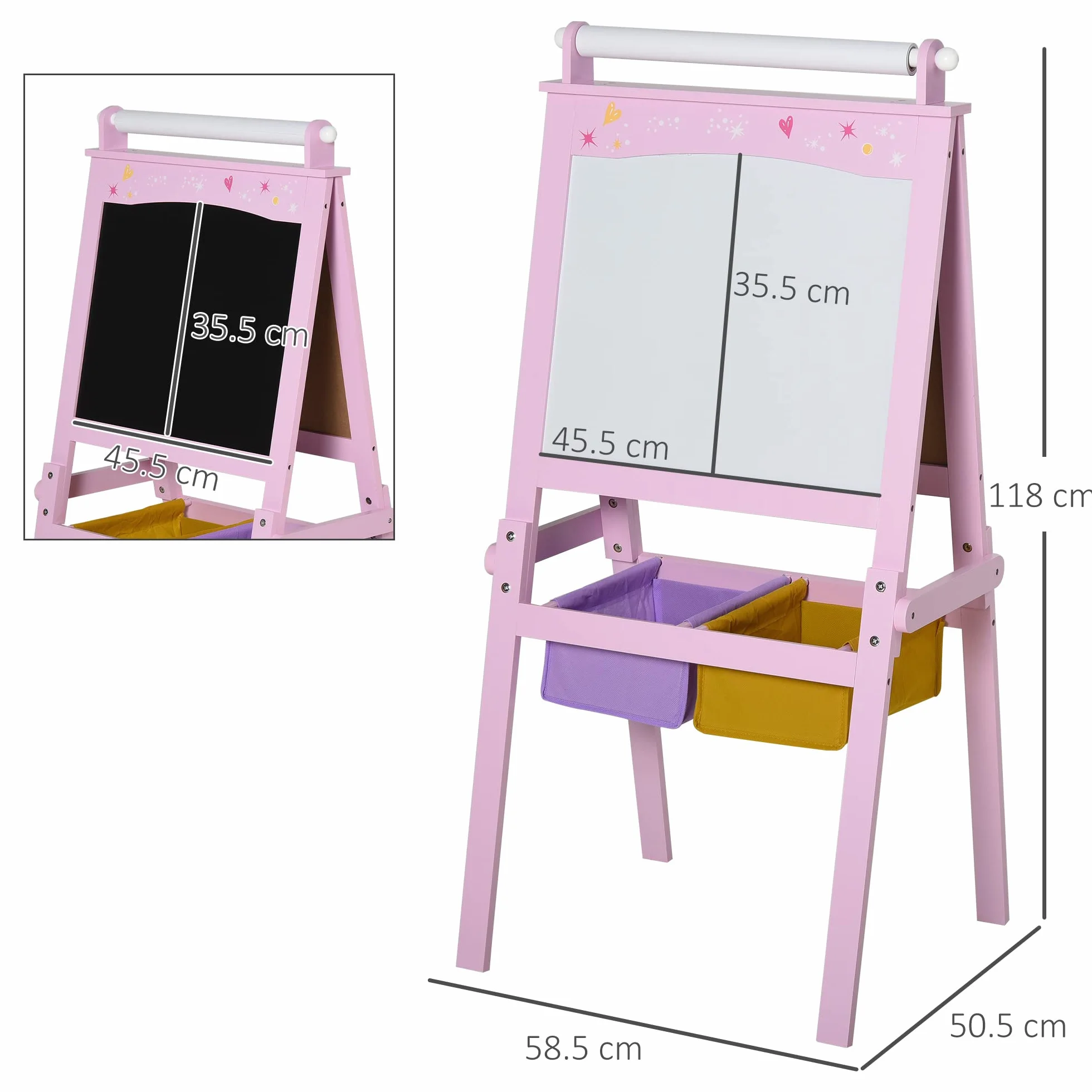 HOMCOM Lavagnetta per Bambini in Legno Rosa 3 in 1 Cavalletto Lavagna Bianca Nera Rullo Fogli