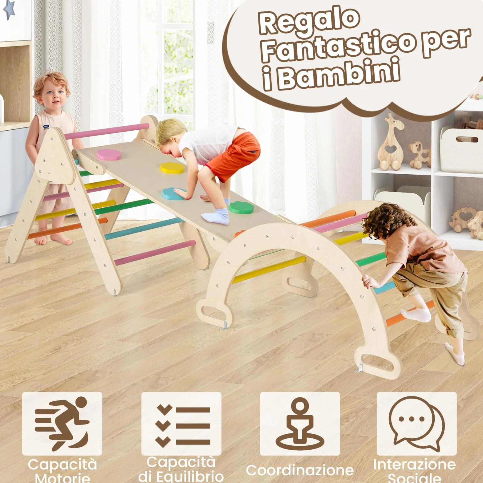 RELAX4LIFE 4 in 1 Triangolo da Arrampicata con Scivolo per Bambini, Arco da Arrampicata e Scala per Arrampicarsi in Legno, Montessori Giocattoli Bimbi 2 3 4 5 Anni (Colorato)