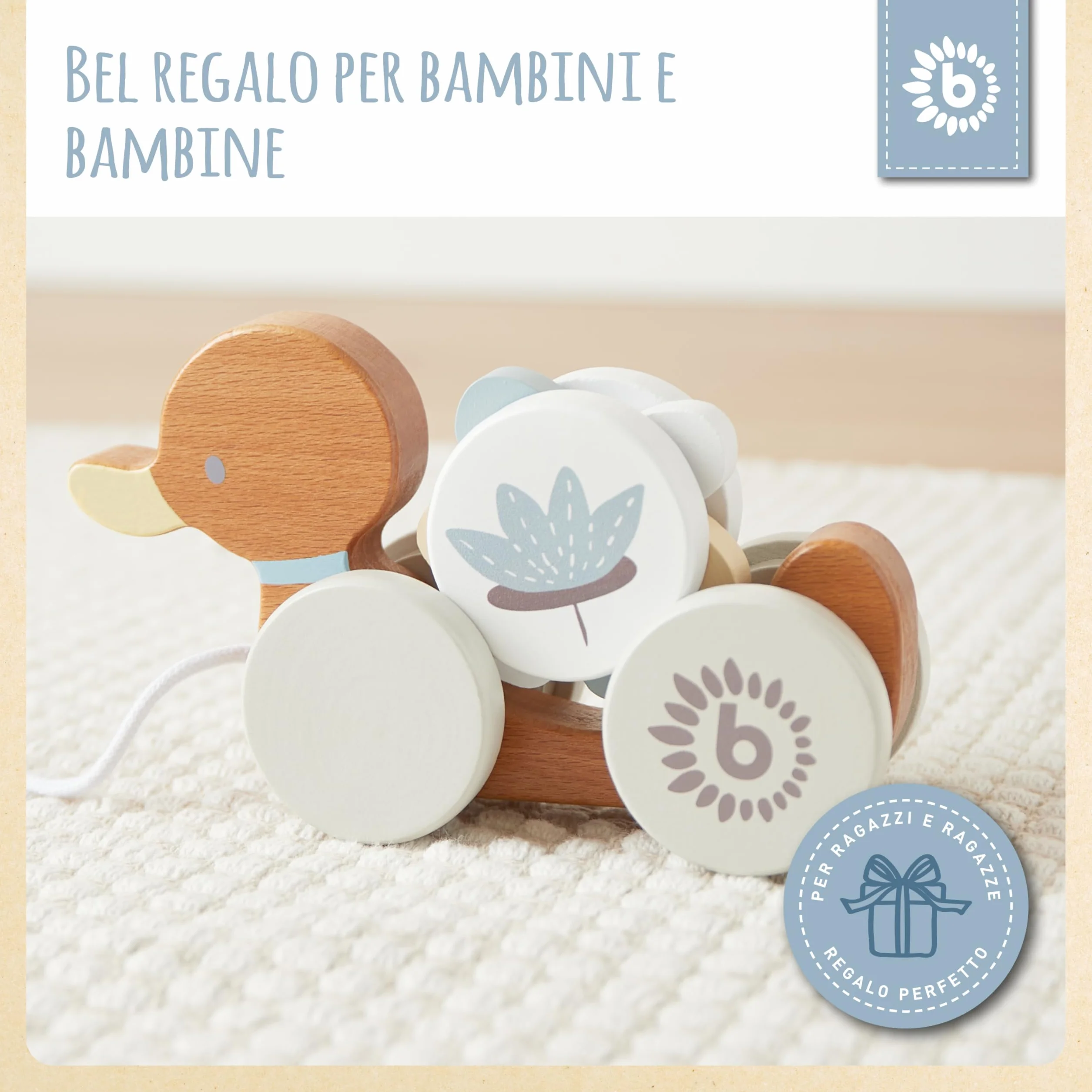 Bieco Anatra in Legno da Tirare | Giocattolo Trainabile per Bambini da 1 Anno | Animale da Traino