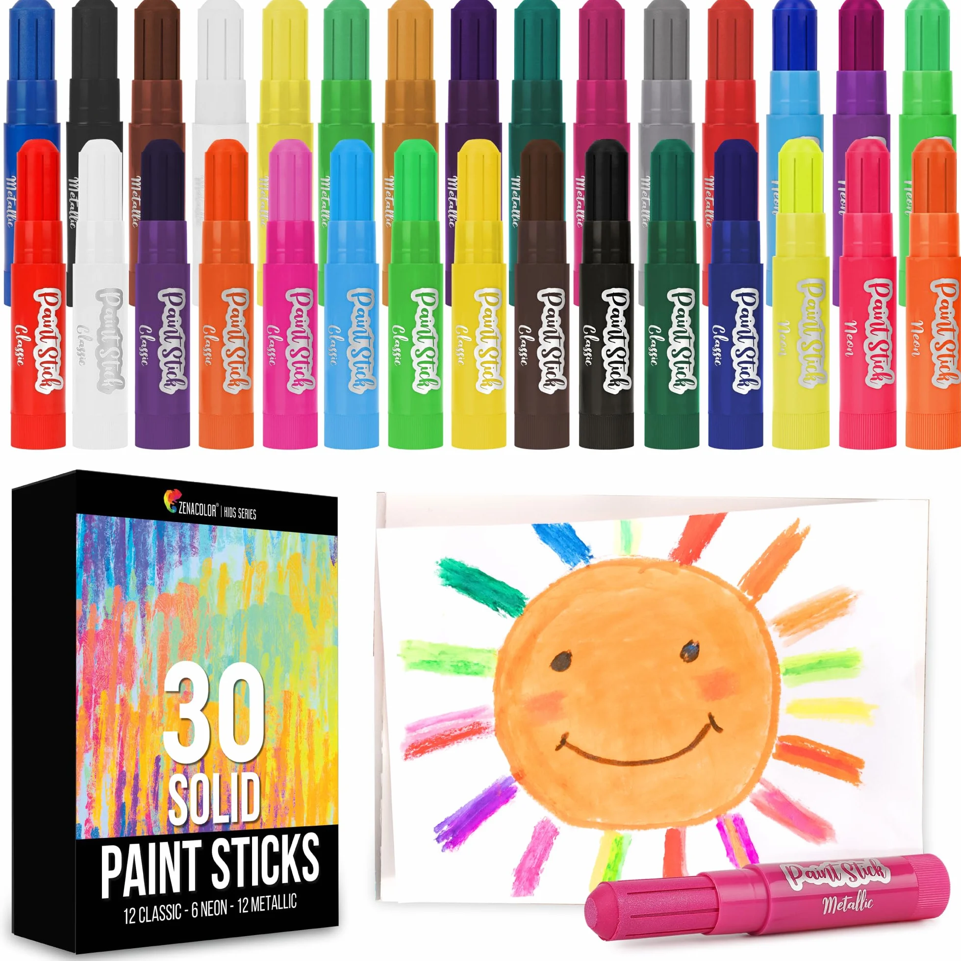 Zenacolor 30 bastoncini di vernice per bambini, forniture artistiche per bambini, in tinta unita