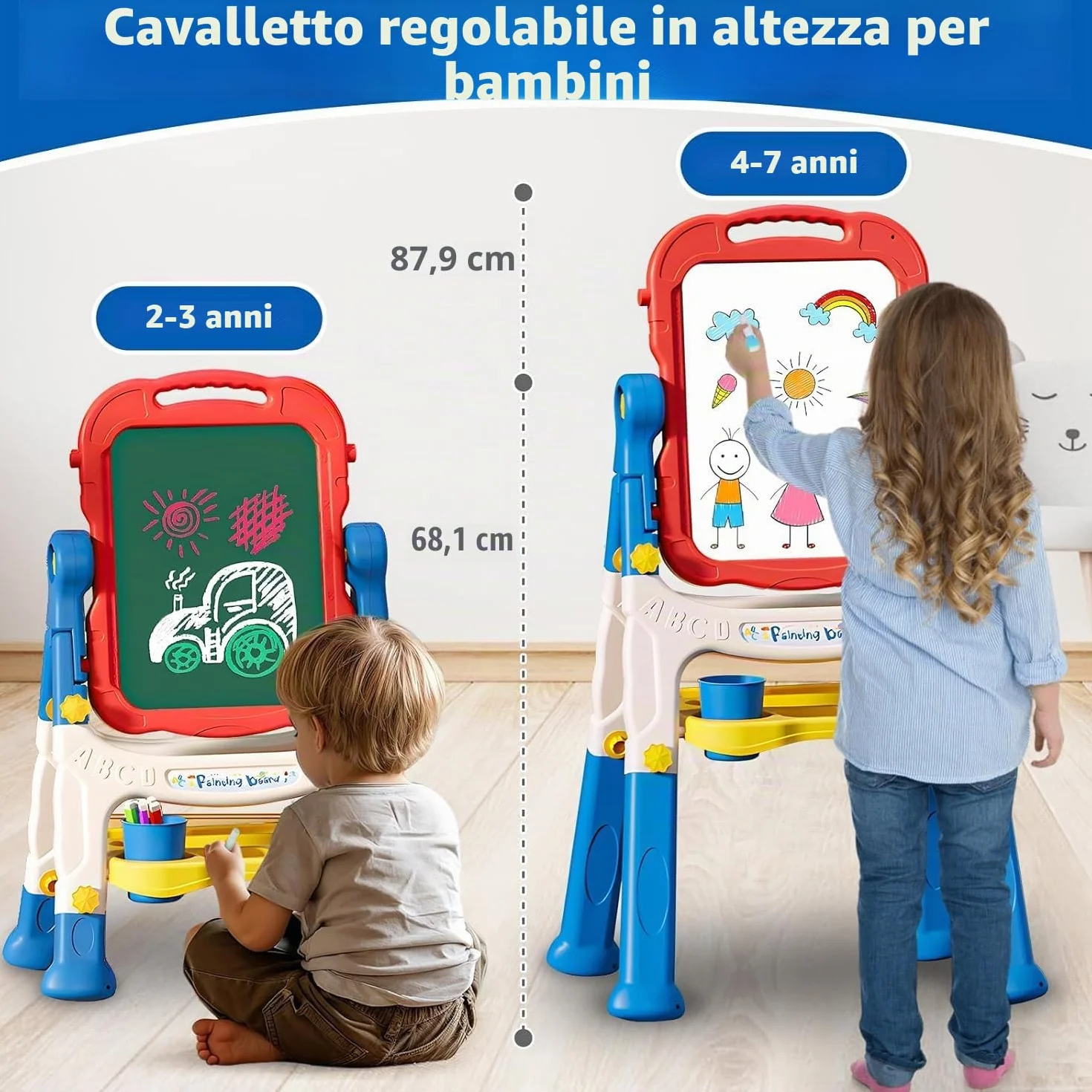 Lavagna per Bambini 4 in 1 con Lavagna Bianco Cancellabile, Lavagna Nera per Gessoi e Magnetica, Cavalletto Pitturai Regolabile Altezza, Giochi Educativi Regalo 2 3 4 5 6 Anni