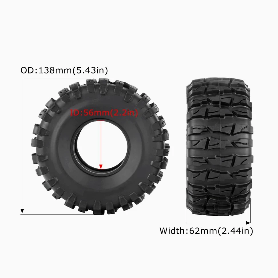 KINGCOO Pneumatici per auto RC, 4 pezzi RC Crawler, cerchi in gomma da 2,2 pollici, per scala 1:10 RC Rock Crawler, parti per Axial SCX10 D90 TF2 RR10 TRX4 TRX6 Tamiya Redcat HSP HPI Kyosho (138 mm-A)