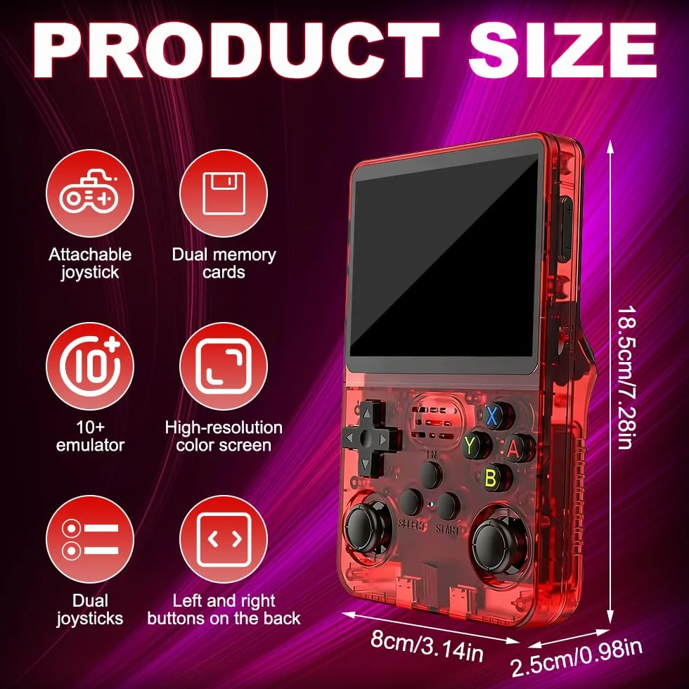 R36s - Console da gioco portatile retrò con display da 3,5 pollici, scheda TF da 64 GB e 15.000 giochi classici, console portatile R36s (rosso)