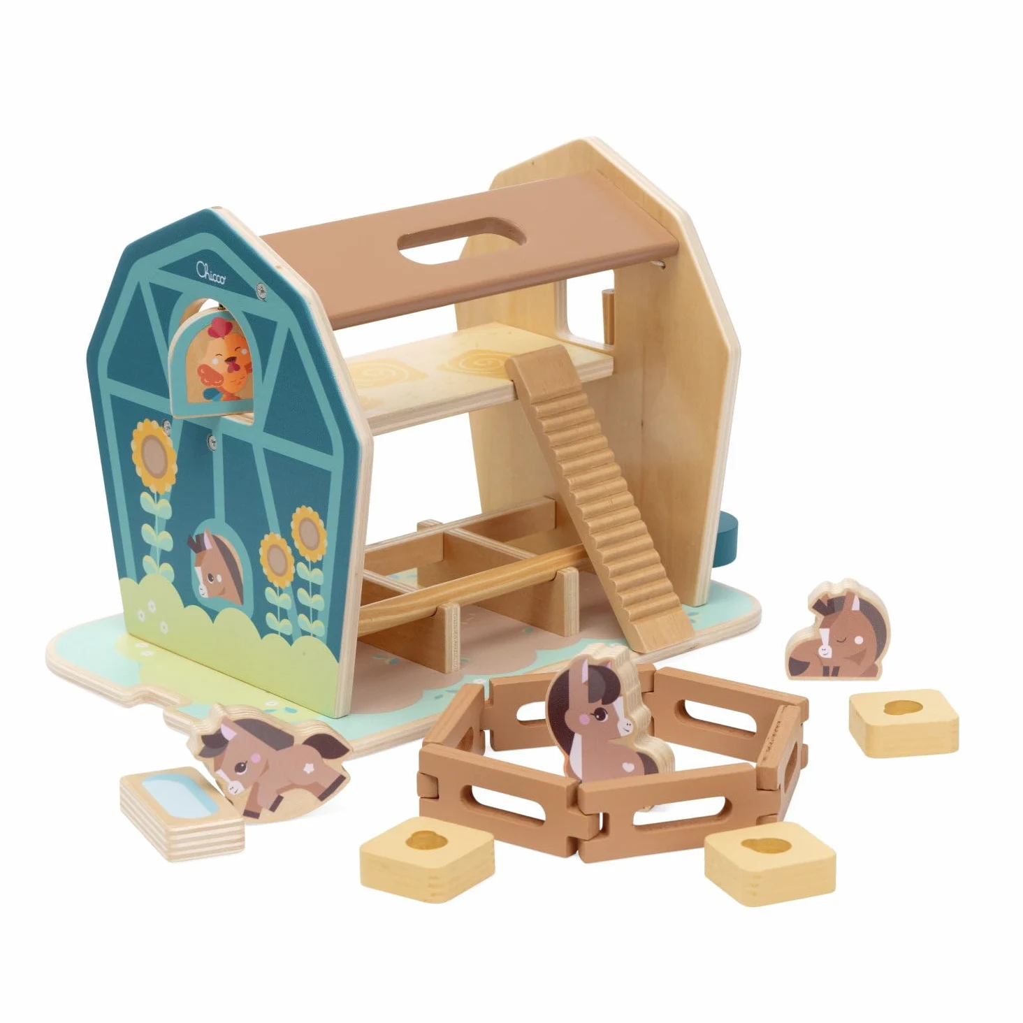 Chicco La Grande Fattoria dei Pony Playset, Gioco educativo in Legno con 3 Personaggi e Accessori | Gioco di Ruolo con Carrucola, Scala e Recinzione, Ispirato al metodo Montessori, 2 Anni +