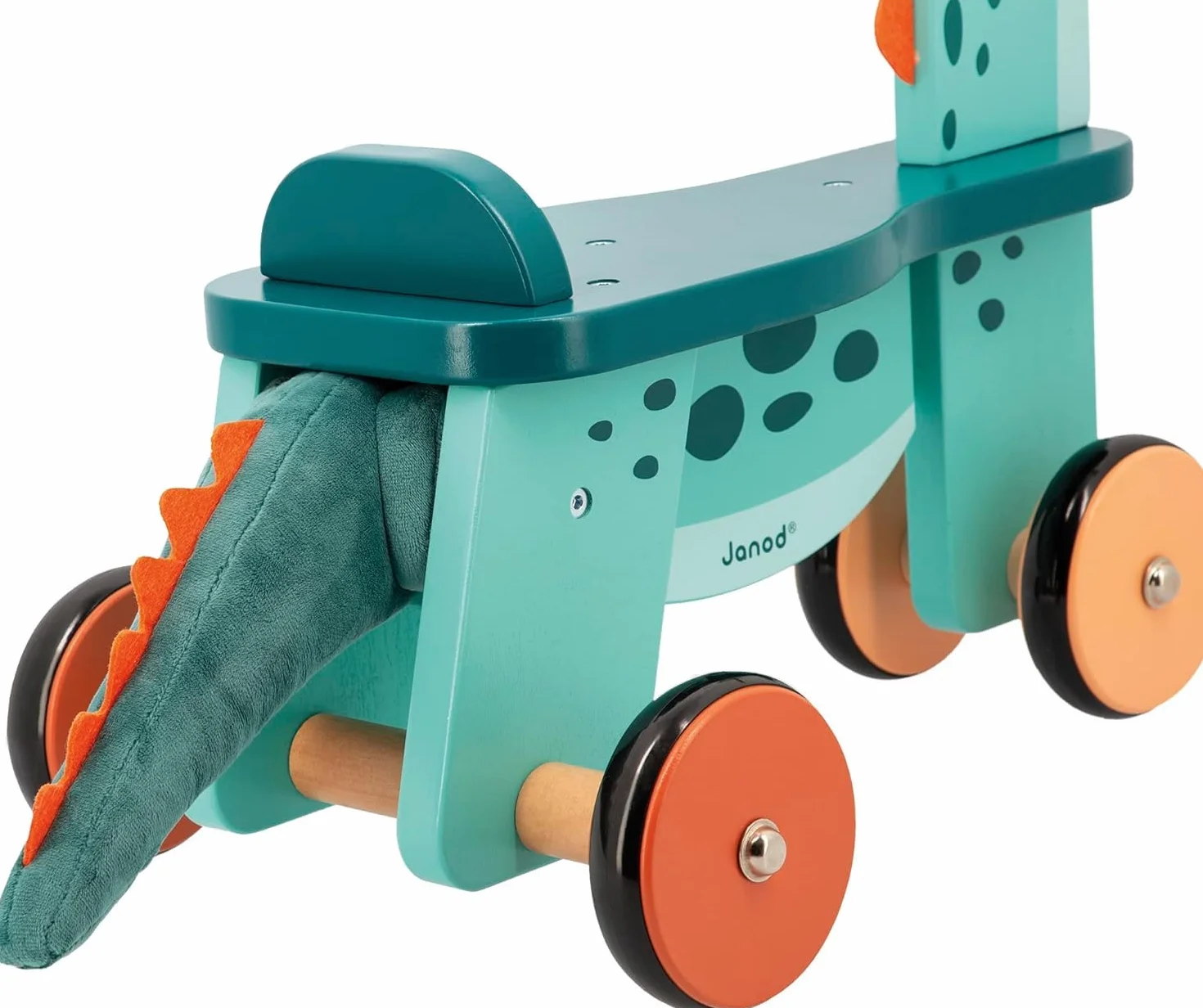 Janod Cavalcabile Dinosauro Portosauro Altezza Sedile 21 cm Coda Peluche Removibile Giocattolo Multisensoriale Legno FSC dai 12 Mesi