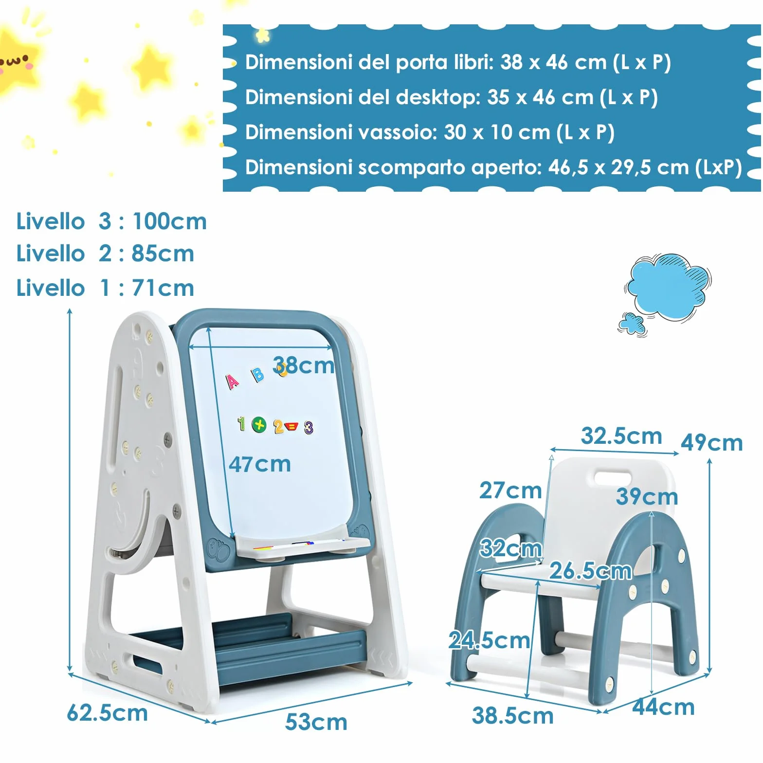 COSTWAY Lavagna Magnetica Bifacciale per Bambini, Altezza Regolabile, con Sedia e Accessori (Blu)