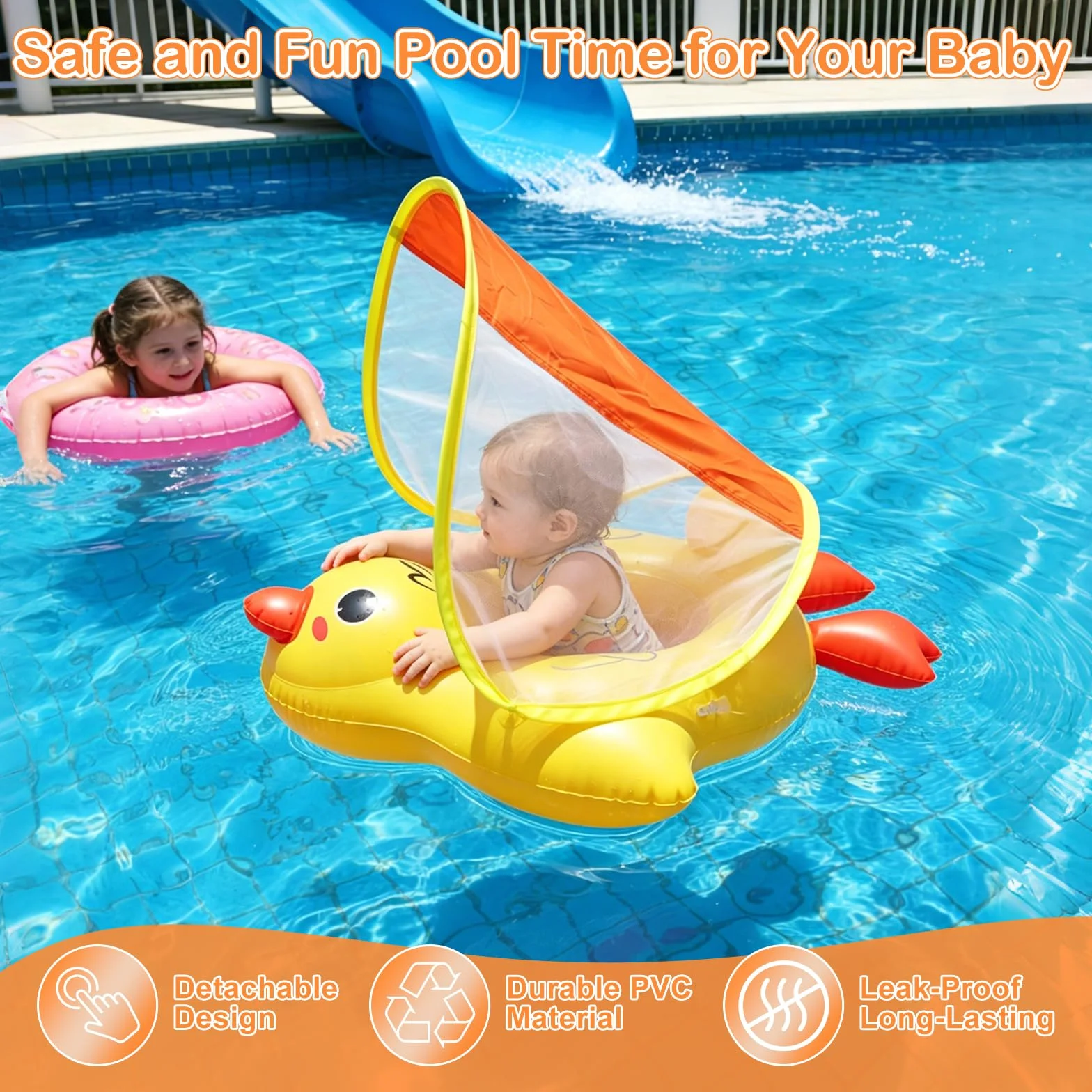 Qingning Galleggiante Neonato con Parasole Rimovibile, Anatra Salvagente Gonfiabile con Sedile di Sicurezza per Bambini, Galleggianti da Piscina Baby con Protezione Solare, Salvagente per Neonati