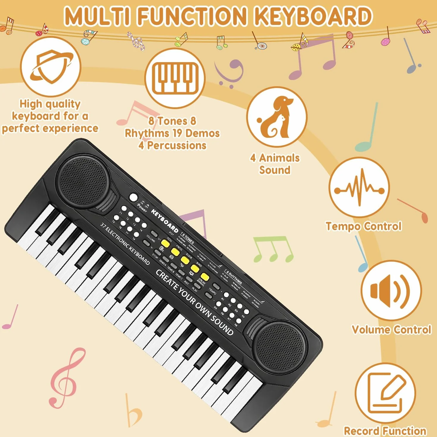 Pianola Musicale per Bambini - Tastiera Elettronica Portatile 37 Tasti Multifunzione - Mini Tastiera Giocattolo Educativo - Regalo per 3-8 Anni