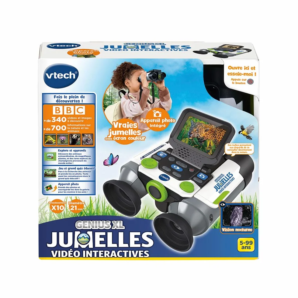 VTech - Genius XL Binocolo video interattivo, Binocolo per bambini 10x21 con schermo a colori, foto e video della BBC, giocattolo educativo scientifico, regalo per bambini dai 5 anni - Contenuto in