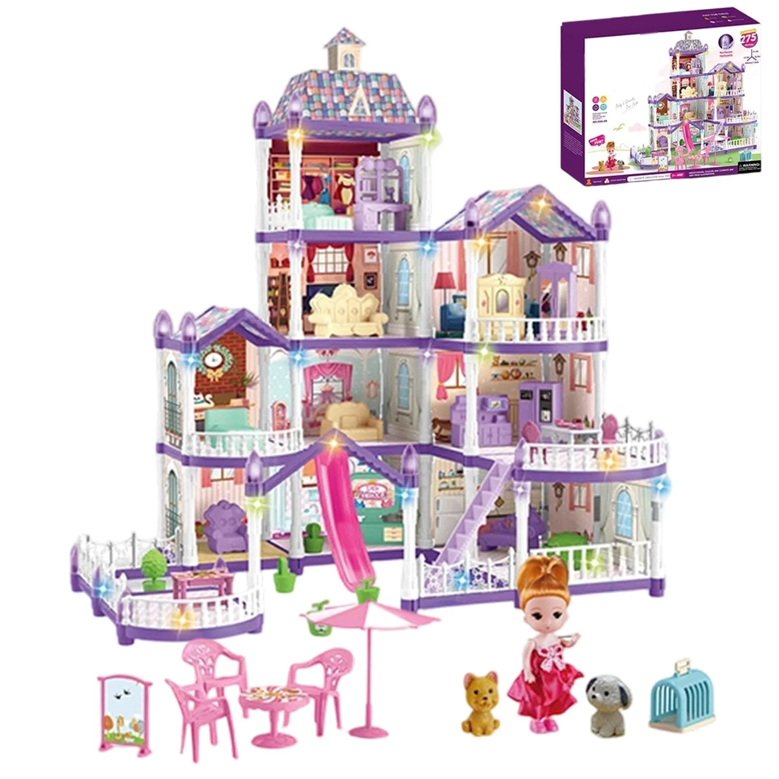 Casa Di Bambole Per Bambine Villa In Miniatura Assemblabile Con 4 Piani E | Con 3 Principesse E 2 Cuccioli, Arredamento E Set Per Bambini Per Bambine E Bambini 4 6 Anni Giochi Di