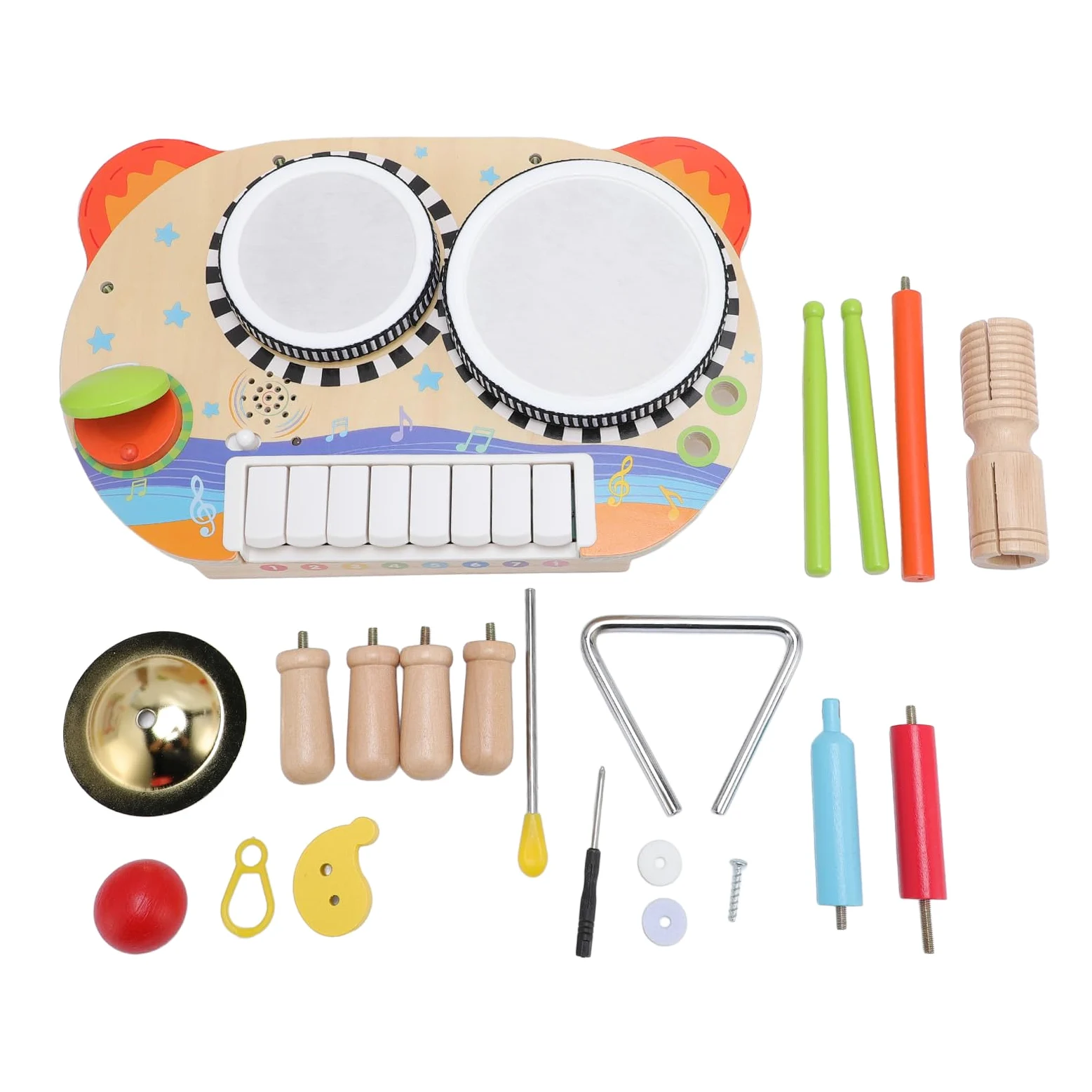 Fockety Set di Tamburo in Legno per Bambini con , Giocattolo Musicale per | Strumento a percussione per bambini, set musicale 3 in 1, per ragazzi e ragazze di età compresa tra 1 e 3 anni