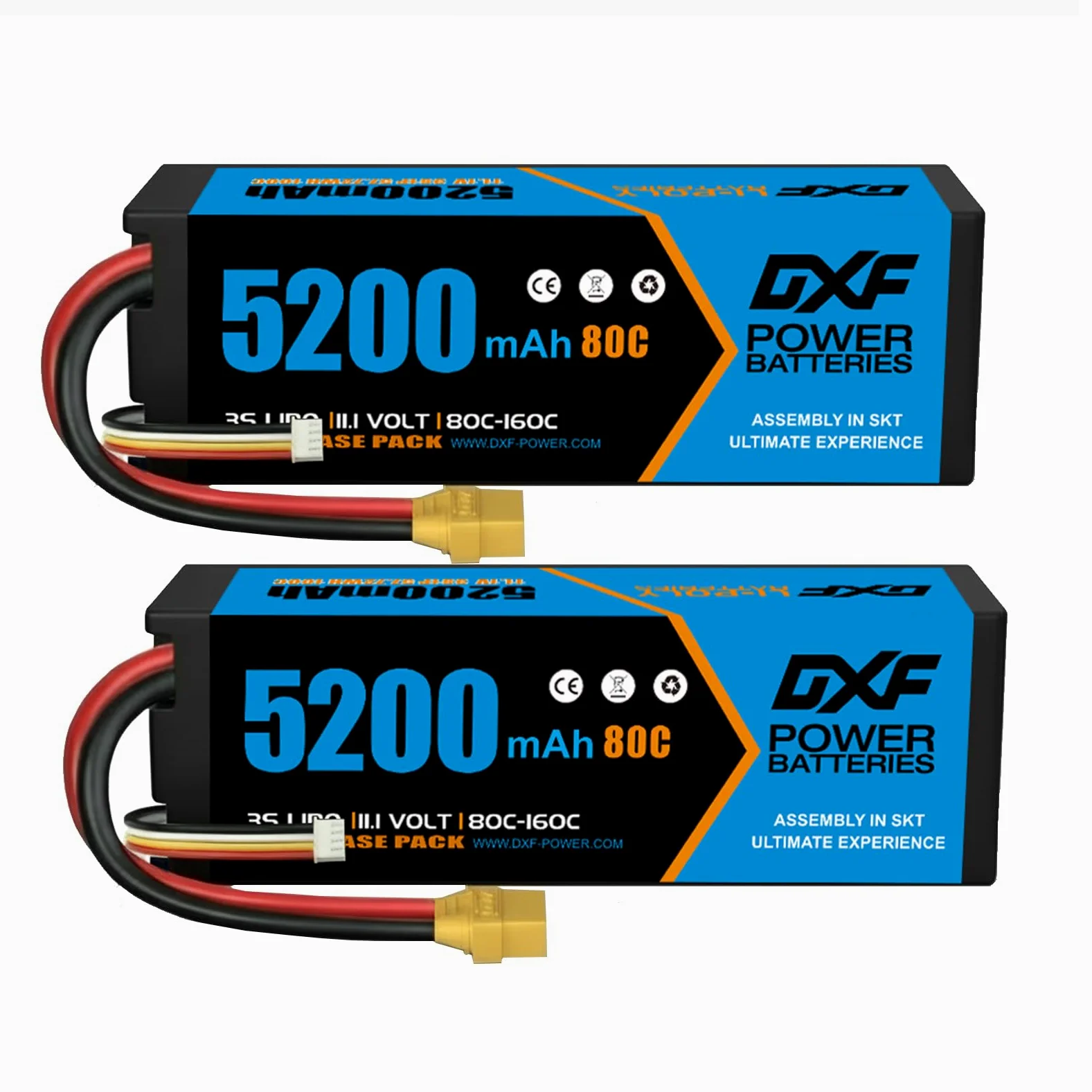 DXF Batteria LiPo 3S da 11,1 V, 5200 mAh, 80 C, confezione da 2 pezzi con connettore XT90, batteria rigida per RC auto, camion, barca, elicottero, aereo, quadricottero, modellismo, scarica ad alte