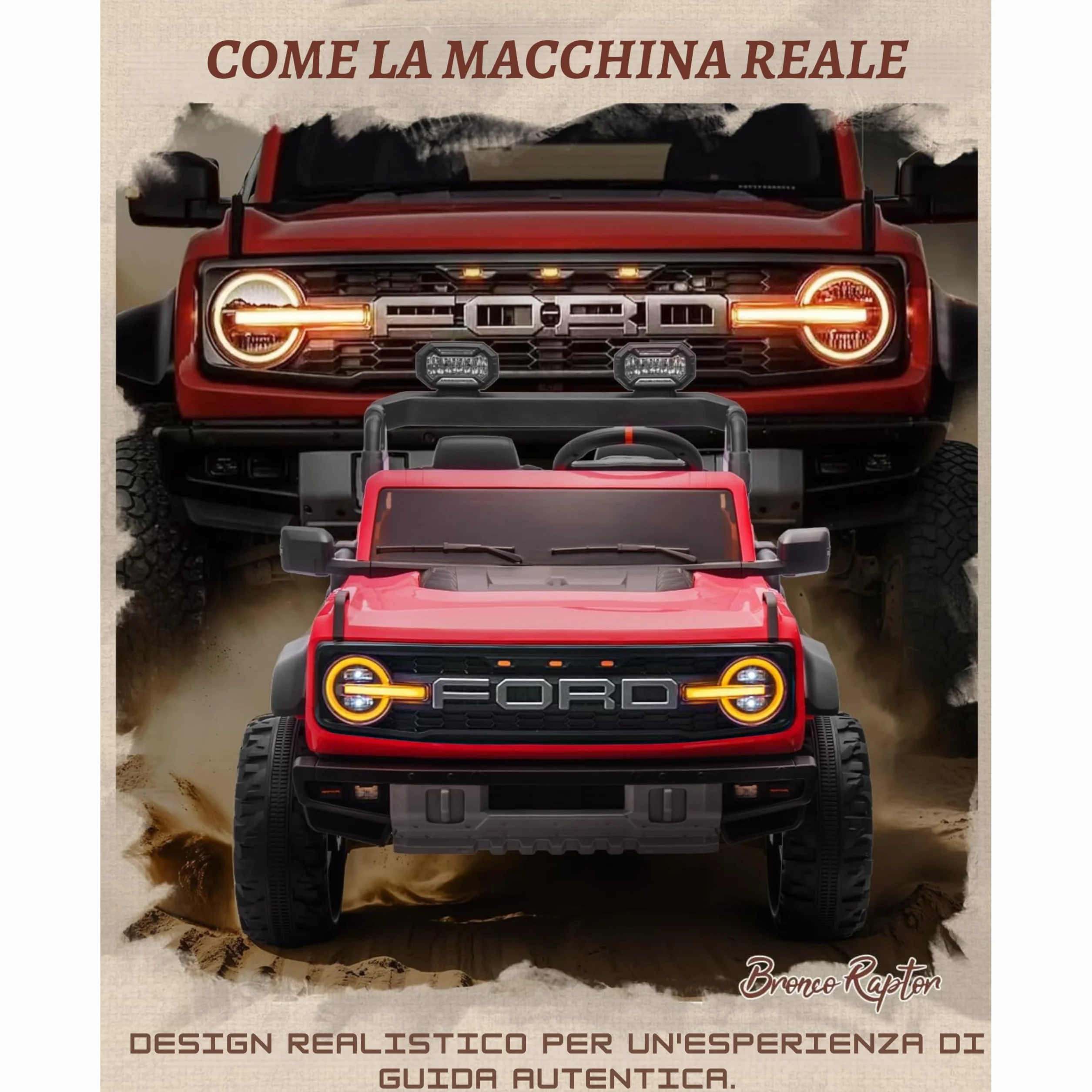 Ford Bronco Raptor 24V Maxi Fuoristrada Auto Elettrica Bambini 2 Posti Telecomando Luci LED Bluetooth Carico 60 kg Rosso