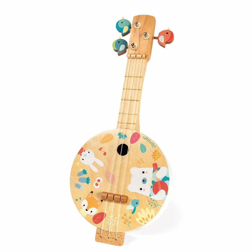Janod Banjo Pure in Legno per Bambini 3-8 Anni con Illustrazioni, 3 Corde di Ricambio