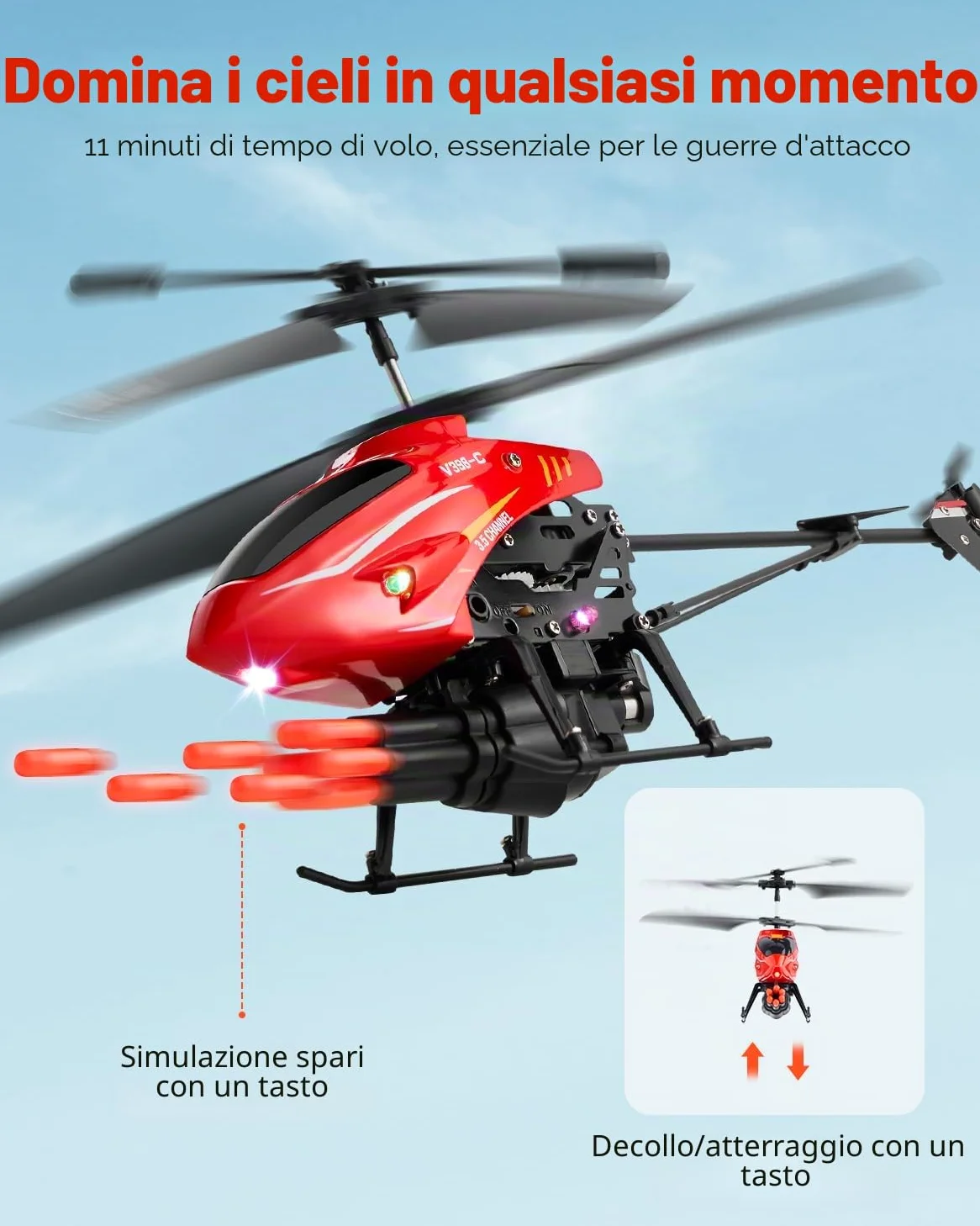 VEVOR Elicottero RC, Giocattoli Elicottero Radiocomandato Volante da 2,4 GHz 3,5 Canali con Modalità di Sparo, Mantenimento dell'Altitudine, Decollo/Atterraggio con un Solo Tasto e Luci a LED
