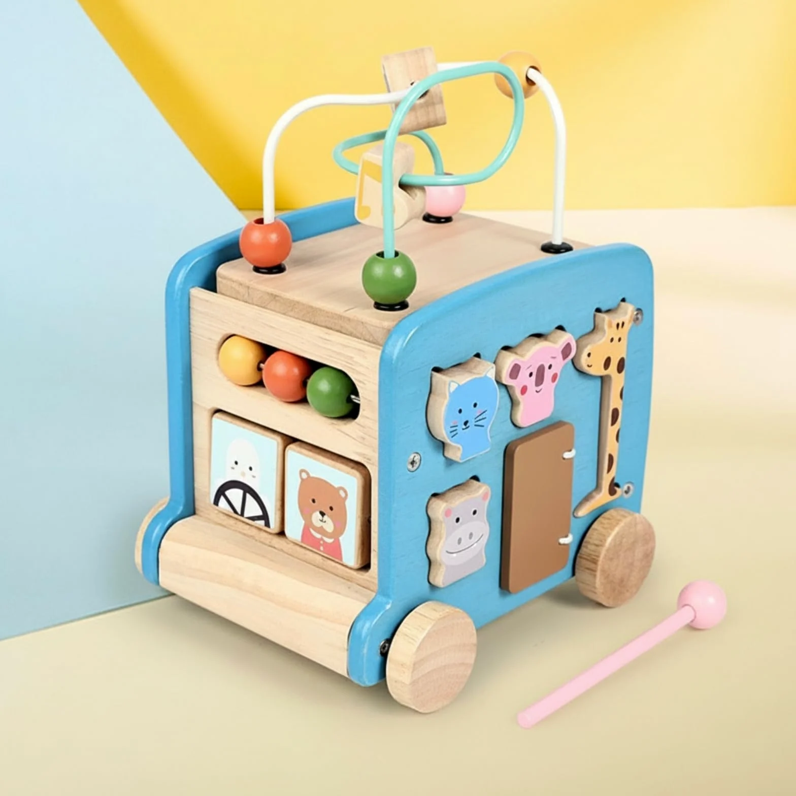 Scatola Educativo Sensoriale, Autobus Giocattolo Montessoriano Verde | Multiattività, Scatola Montessoriana con percorso di perline, Motricità Fine, per Cameretta, Asilo Nido, Neonati