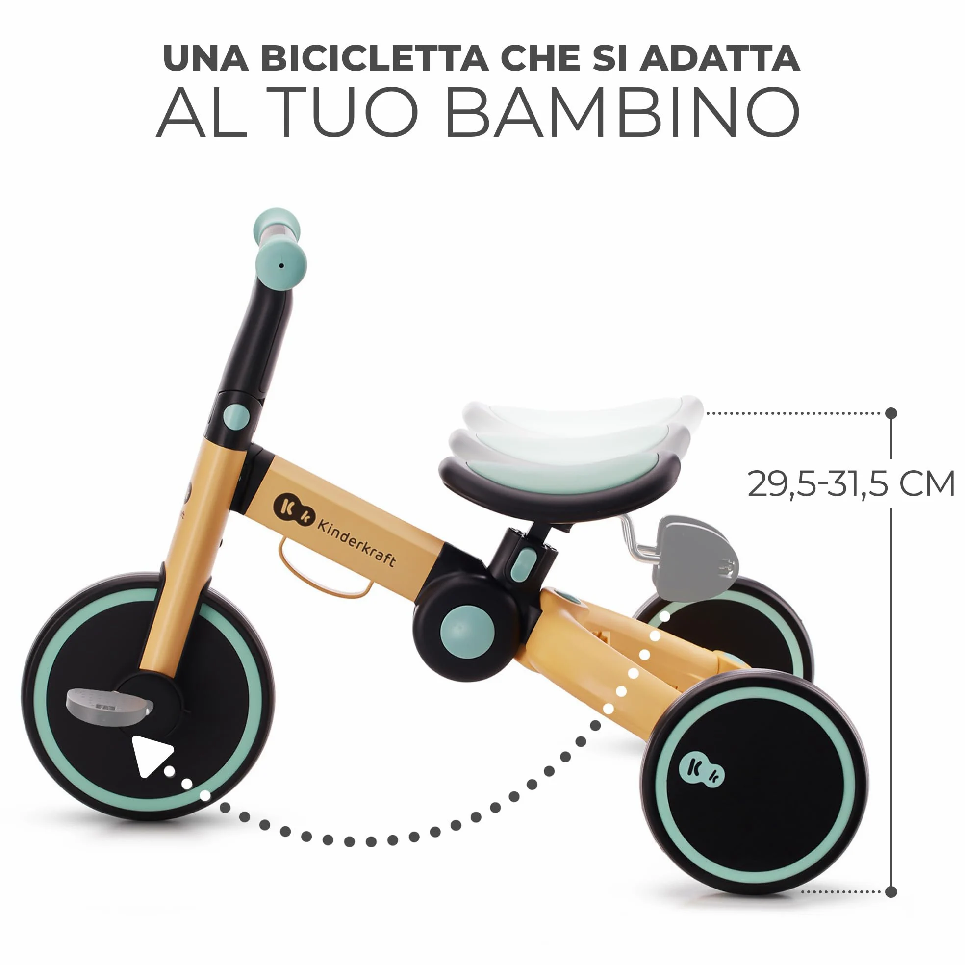 Kinderkraft Triciclo 3in1 4TRIKE, Mini bici, Carrello, Sella regolabile, Pieghevole, da 12 mesi a 5 anni, Giallo+Blu