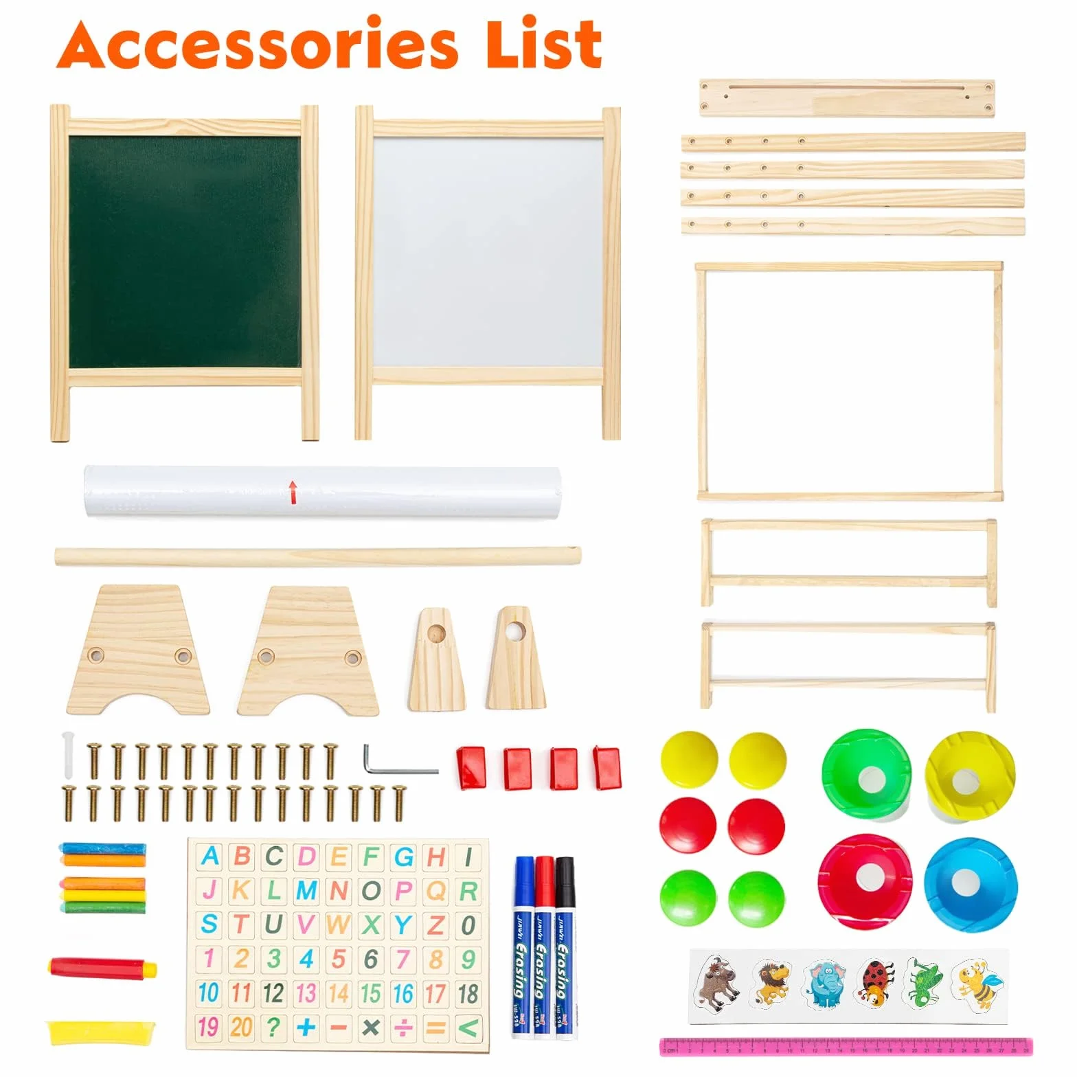 Lavagna per Bambini 3 in 1 Cavalletto in Legno Pittura in Regolabile Altezza, Lavagna Doppia Faccia, Lavagnas Multiattività con Rotolo di Carta, Numeri e Altri Accessori, Giocattolo Educativo 3+ Anni