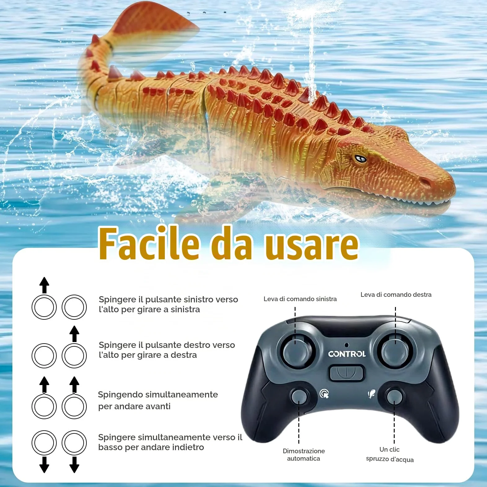 Telecomando Mosasaurus RC Barca, 2,4 GHz Radiocomandata Squali Barca | Piscine e Laghi Giocattolo Elettrico a Forma Dinosauro, Spruzzare Acqua, 2 Batterie, Regalo per Ragazzi e Ragazze (Giallo)