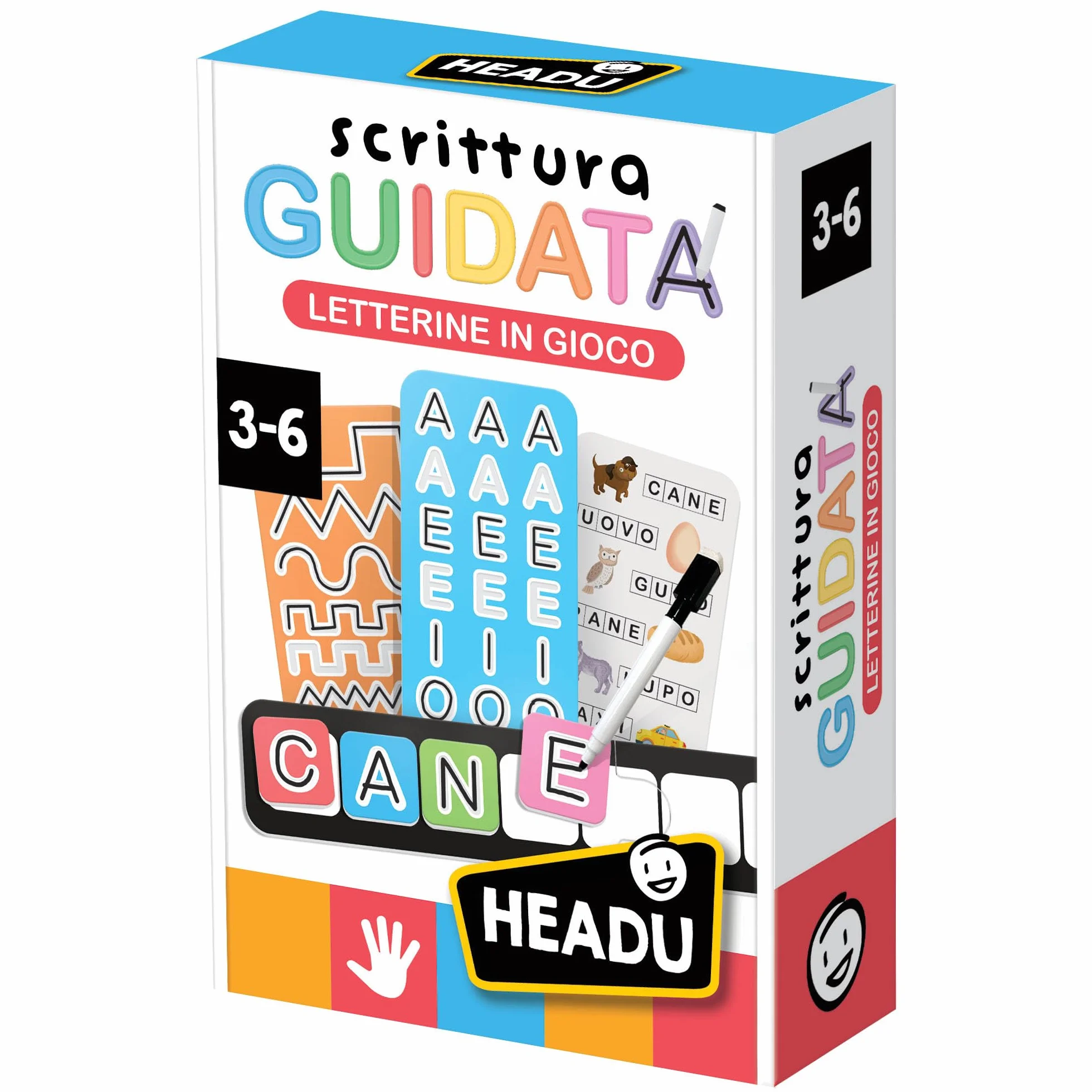 HEADU - Scrittura Guidata Letterine in Gioco - Prescrittura, Alfabeto e Parole |Gioco Didattico per Imparare a Leggere e Scrivere, Gioco Educativo Bambini 3-6 Anni, Regalo Natale Pasqua, Made In Italy