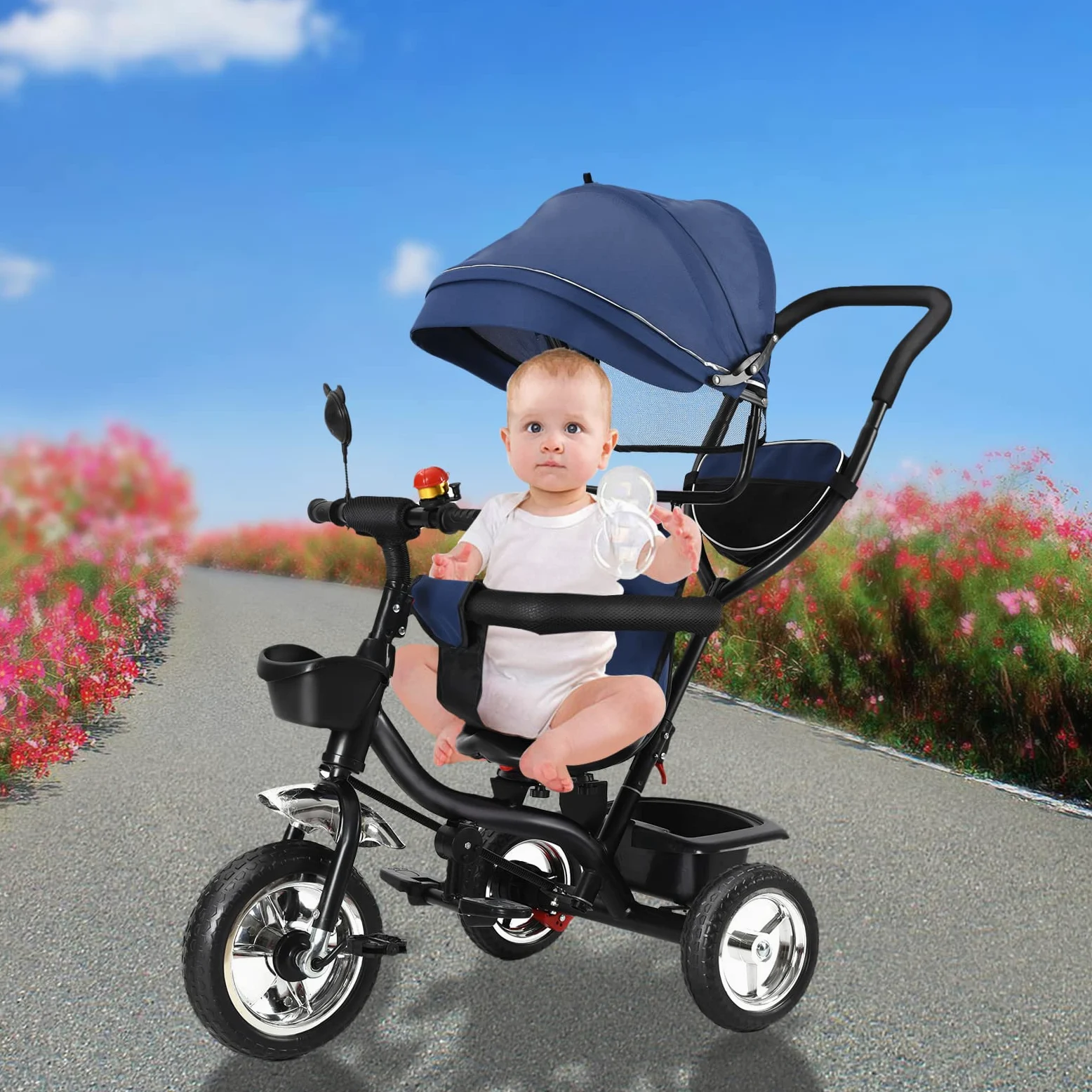 Kedia - Triciclo per bambini - 4 in 1, bicicletta per bambini con maniglia, passeggino con tettuccio apribile, sedile posteriore montabile (blu)