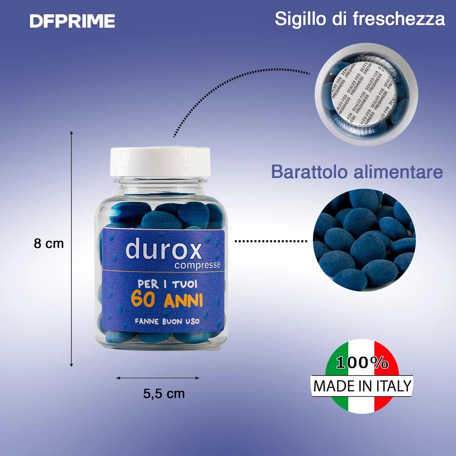 DUROX Compresse Blu 60 Anni – Scherzo Wiagras Goliardico per Uomo – Idea Regalo Divertente Compleanno 60 anni – Confetti Blu al Cioccolato – FANNE BUON USO