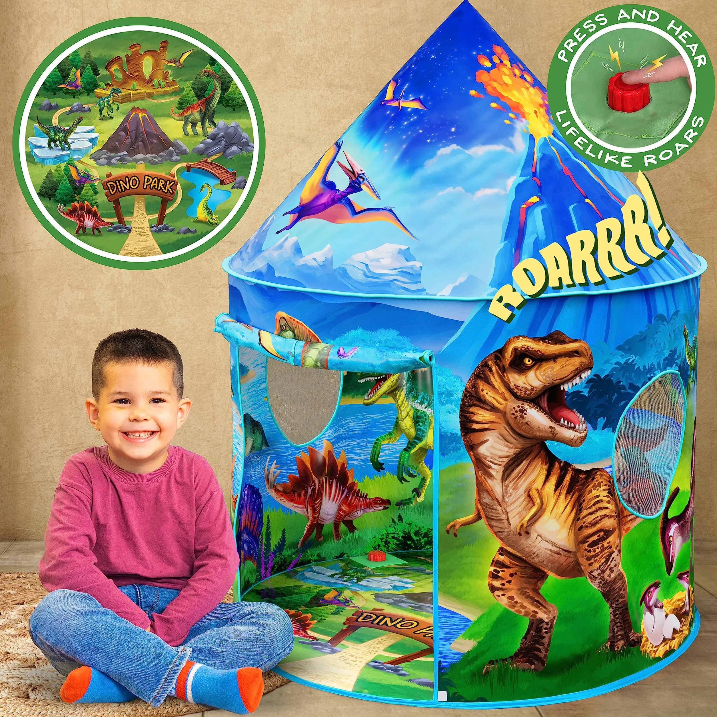 W&O Dino Paradise - Tenda da gioco con pulsante ruggente, tenda pop-up per ragazzi e ragazze, perfetta per avventure interne ed esterne