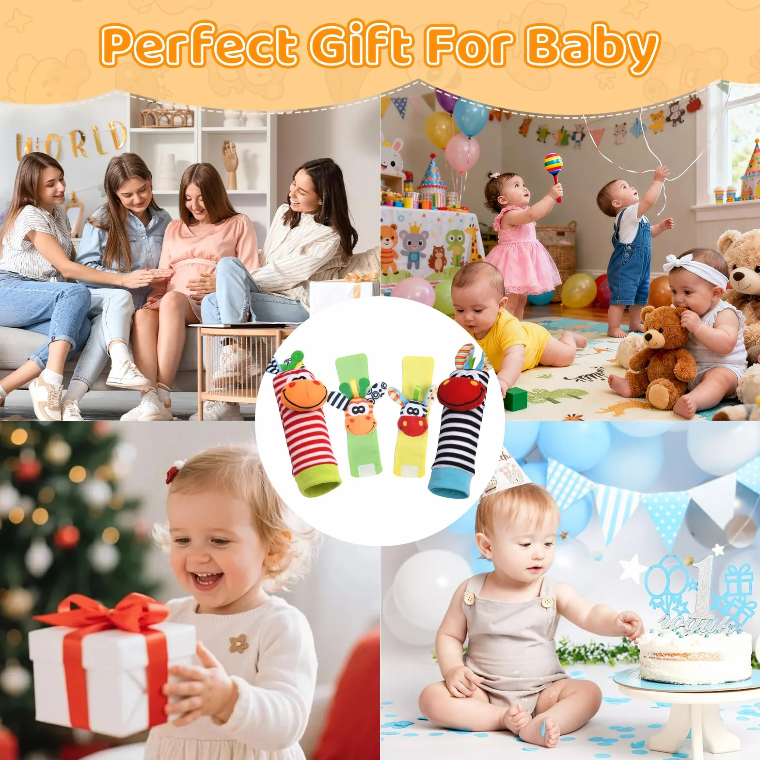 Vicloon Baby Rattle 4 Pack Neonato Sonagli Calzini da Polso Sonagli Sensoriali Giocattoli Soffici 0-6 Mesi