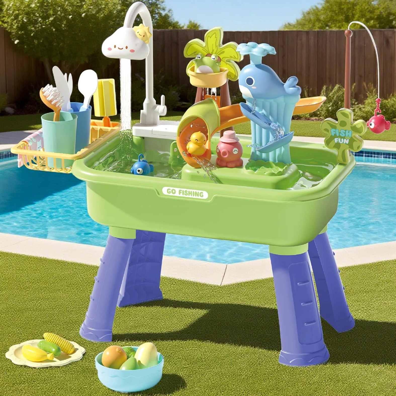 Generico Tavolo Acquatico Tavolo Sabbia e Acqua | Interattivo Educativo Sensoriale con Pompa per Cortile Spiaggia Casa Esterno Sviluppo Abilità Motorie
