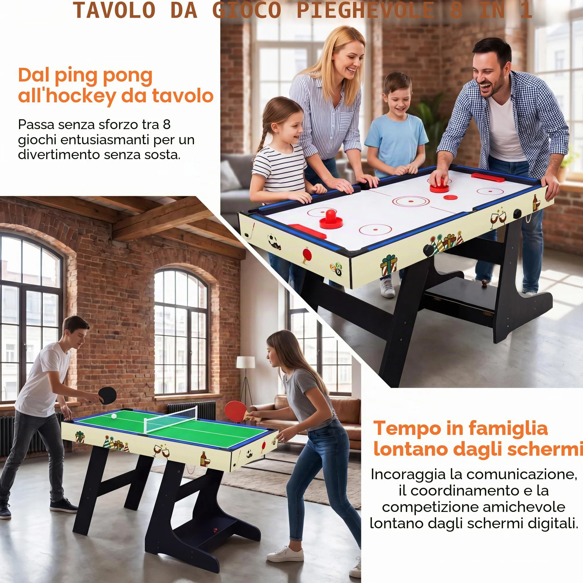OYE 4FT 8 in 1 Gioco da tavolo pieghevole multifunzionale - Calcio balilla (calcetto)/Ping pong/Air hockey/Tavolo da biliardo, MDF