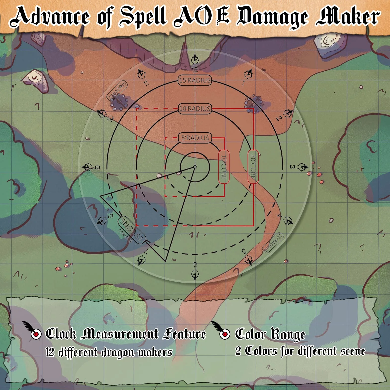 Marcatore di attacchi AOE di incantesimi, modello di effetto ad area DND - Byhoo Tappetino da tavolo da 2,5 cm Grid o Hex, accessori di gioco RPG per TTRPG 5E Dungeons and Dragons, Pathfinder