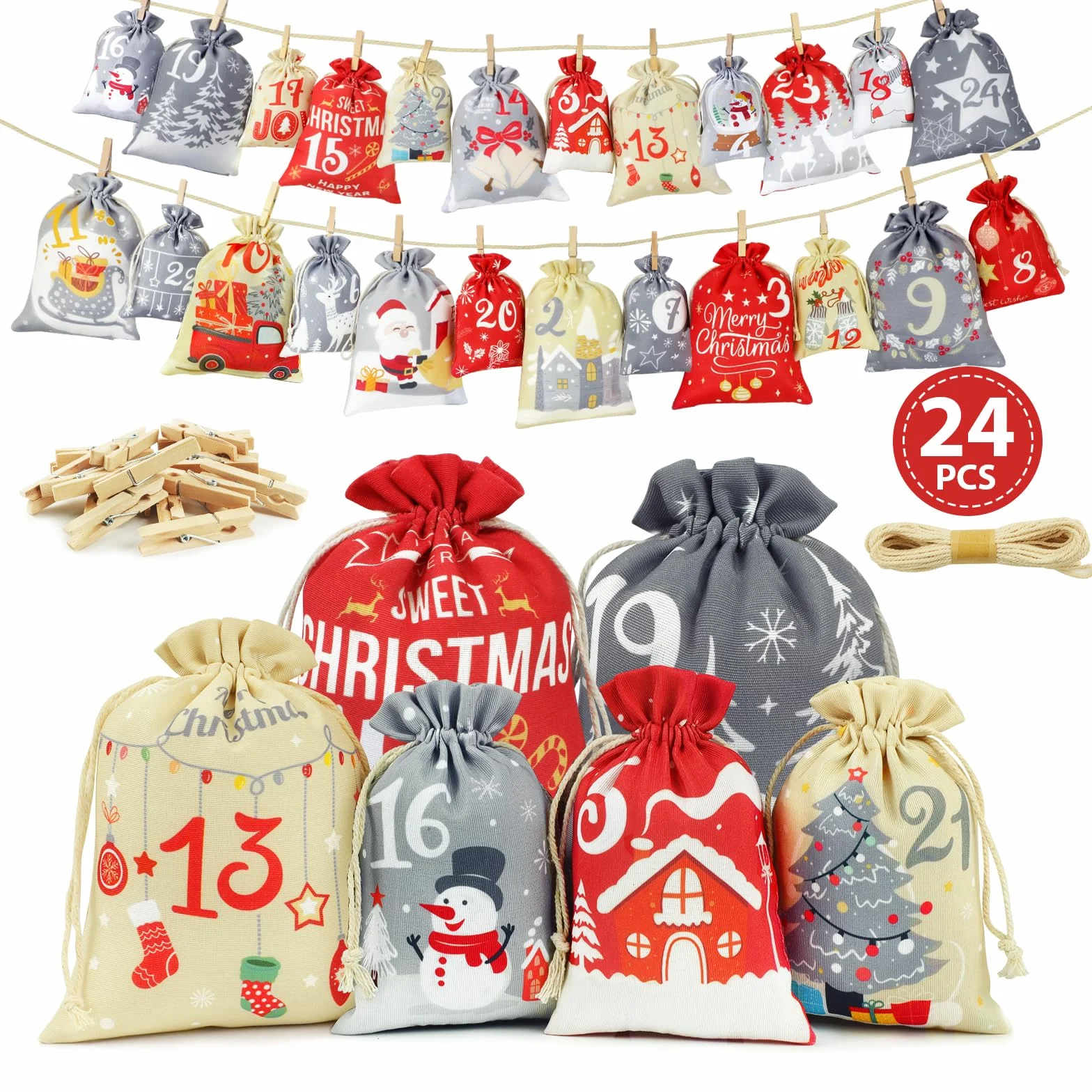 Calendario Avvento Fai da Te, Sacchetti Calendario Avvento Bambini, Kit Calendario Dell Avvento Fai da Te, Grande Calendario Avvento 2026 Fai da Te da Riempire Stoffa, Sacchetti Avvento Natale