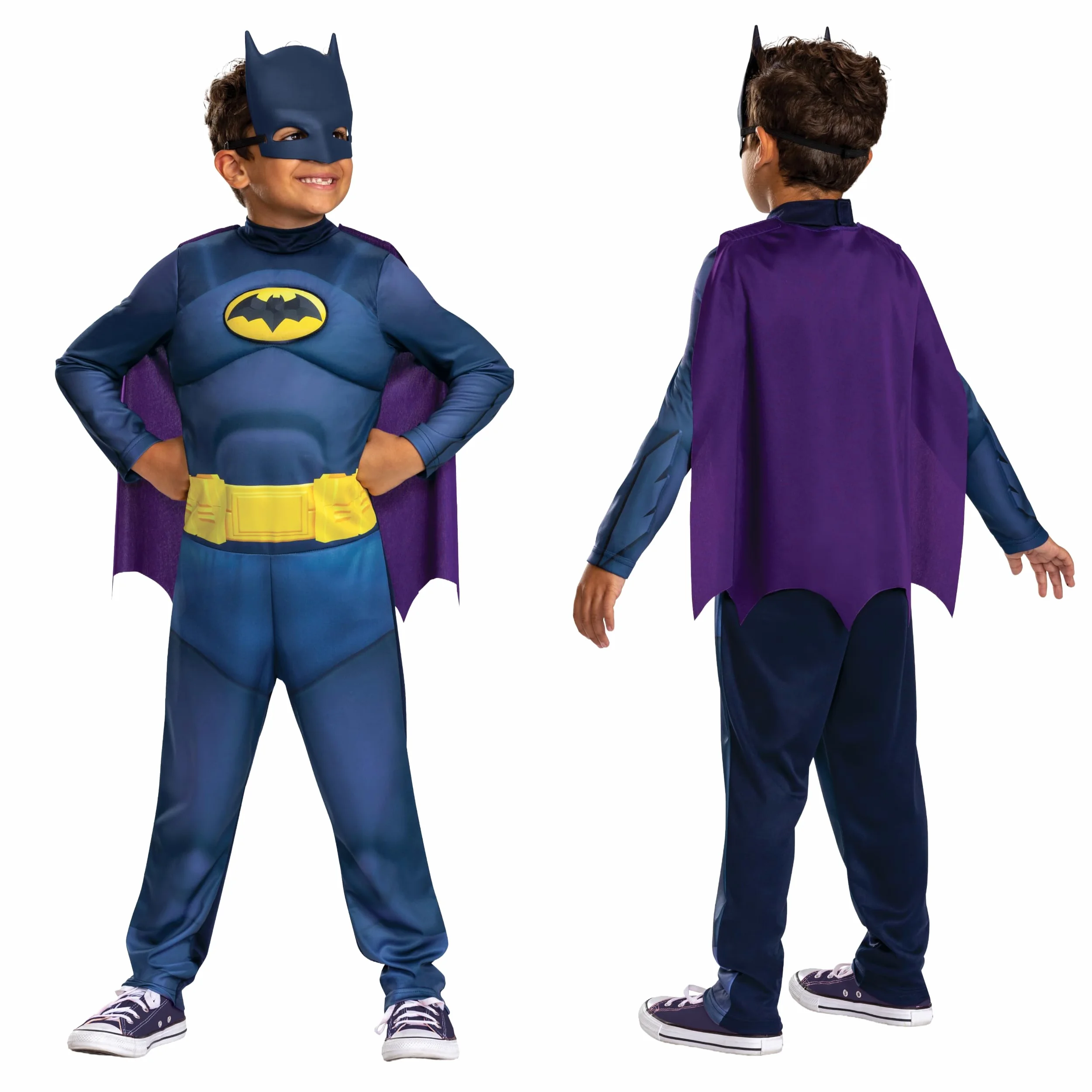 Batwheels Costume da Batman per bambini, ufficiale Batman di Disguise, con petto imbottito blu scuro con emblema pipistrello, include mantello viola e mezza maschera, per età 3-4 e 4-6 anni